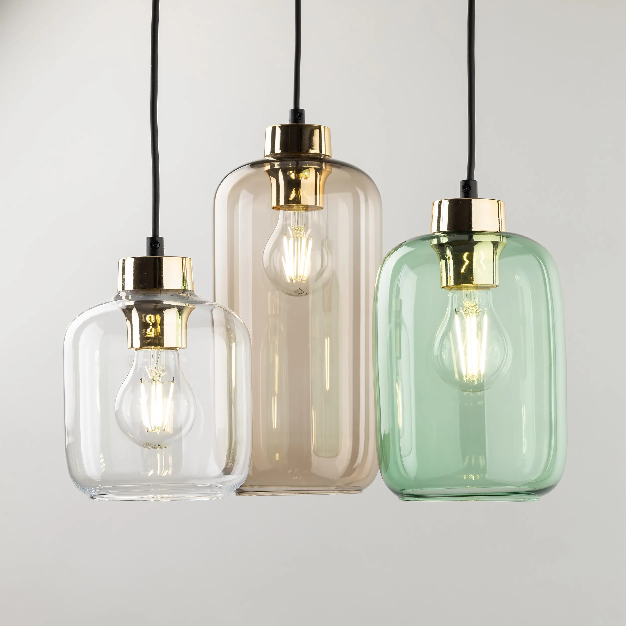 Lampa wisząca MARCO czarna z różnokolorowymi brązowy zielony transparentny kloszami w różnych rozmiarach 100x37cm - TK_3325