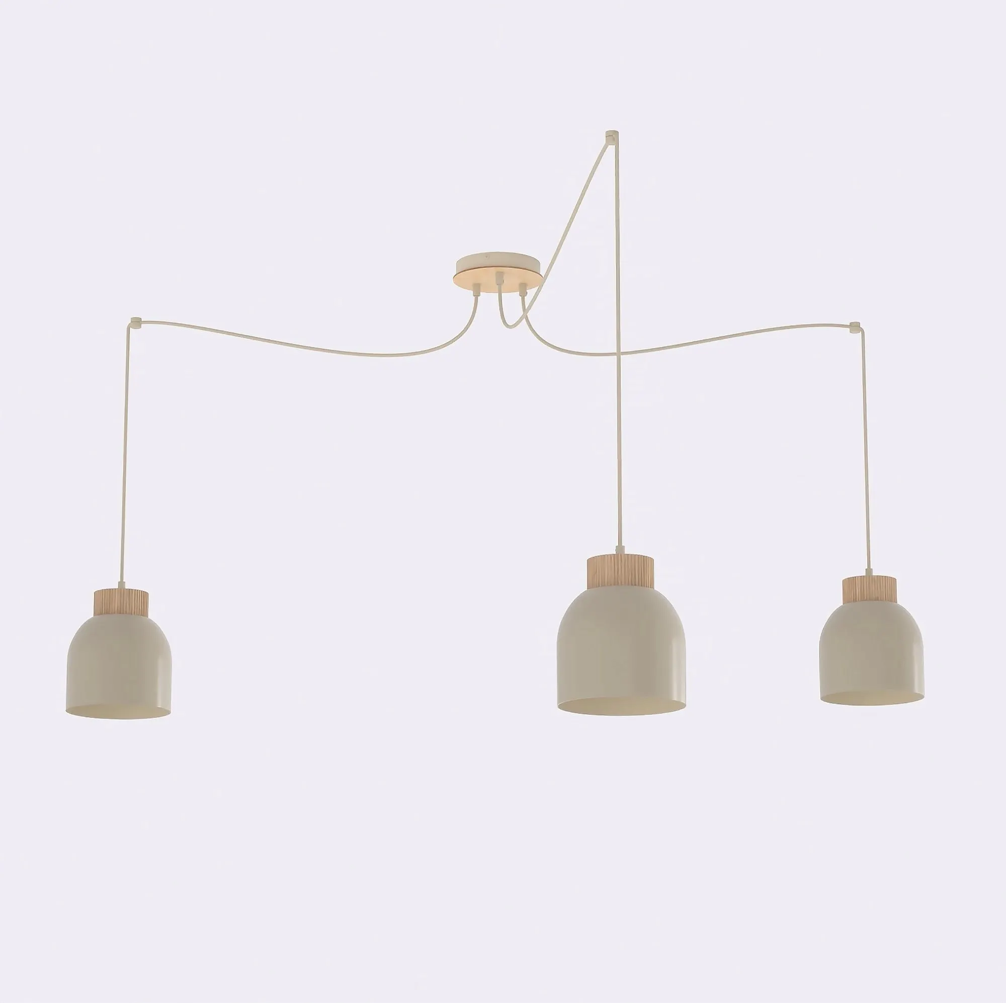 lampa wisząca, trzy źródła światła, kute przewody, konstrukcja metalowa, kolor beżowy
