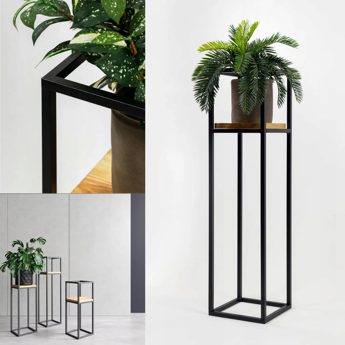 Kwietnik stojący ANET L metal drewno 22x22x90 czarny naturalny - LD_TZ000174