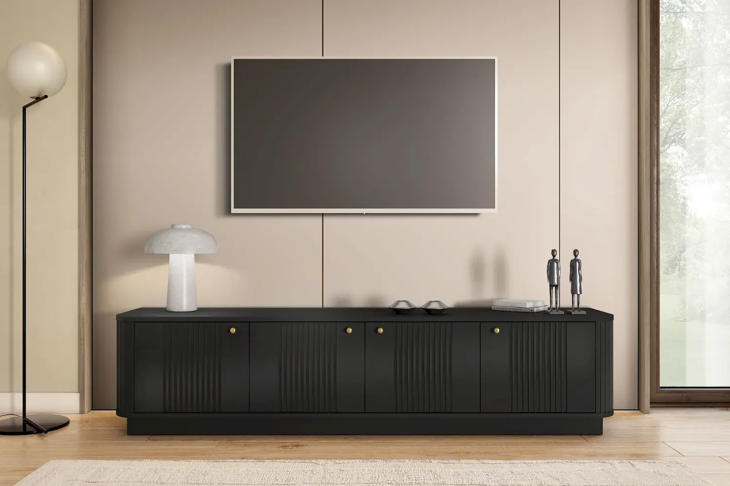 Szafka RTV 4-drzwiowa VESPER ryflowany front - czarny złote uchwyty cokół - B_169457