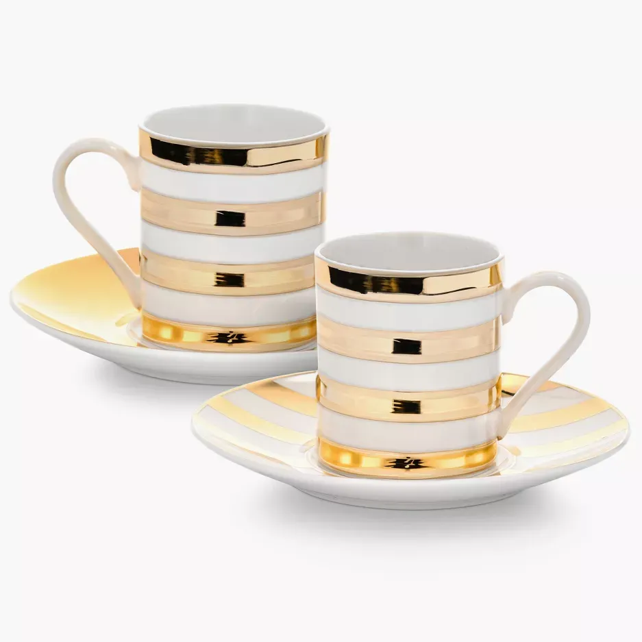 Zestaw 2 filiżanek do espresso ze spodkami DUKA GOLD 100 ml porcelana biały złoty