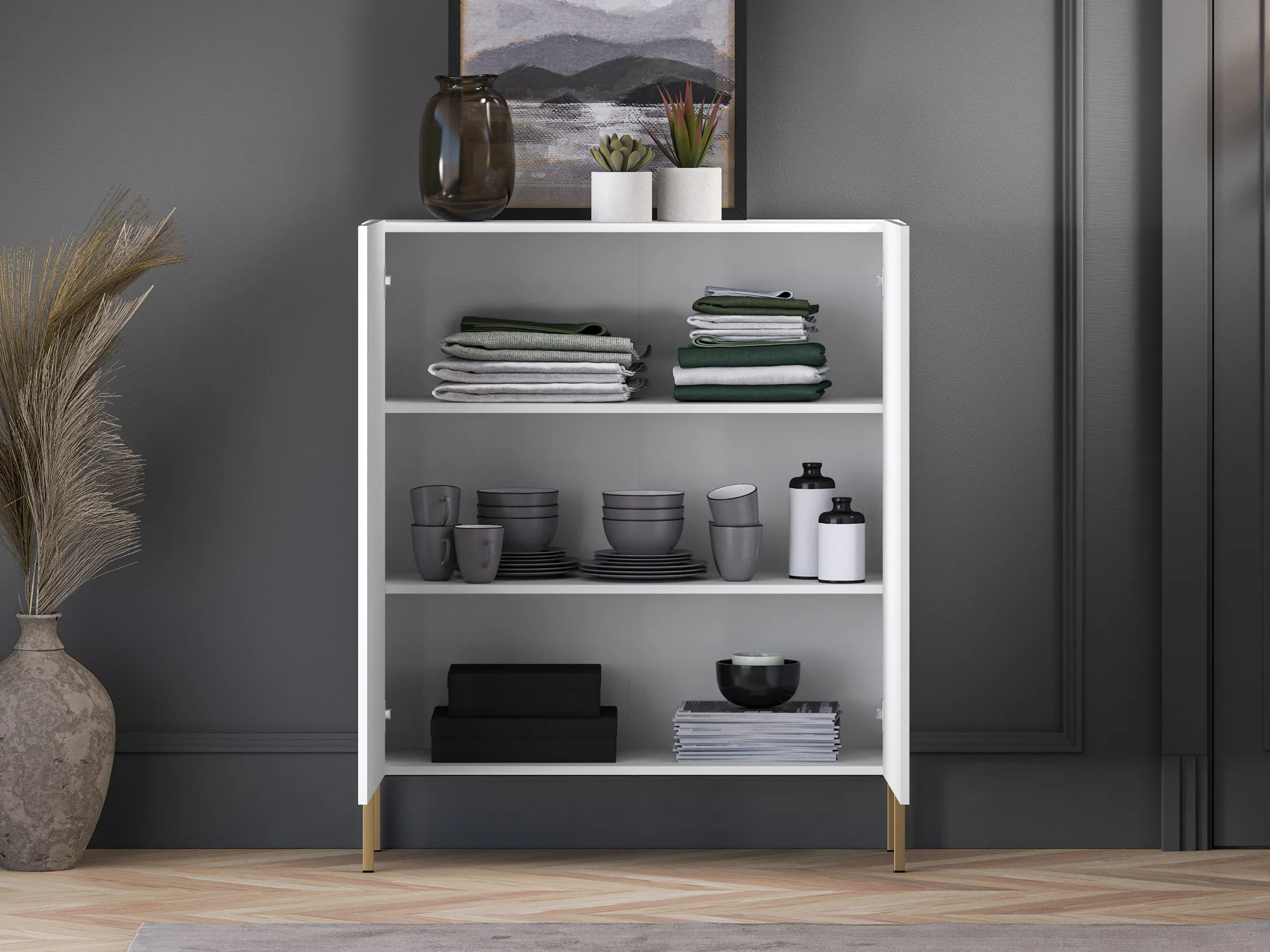 Komoda wysoka 2-drzwiowa CLEARING 01 biały alpejski, noga-złoty - 1CLEA01-001-04