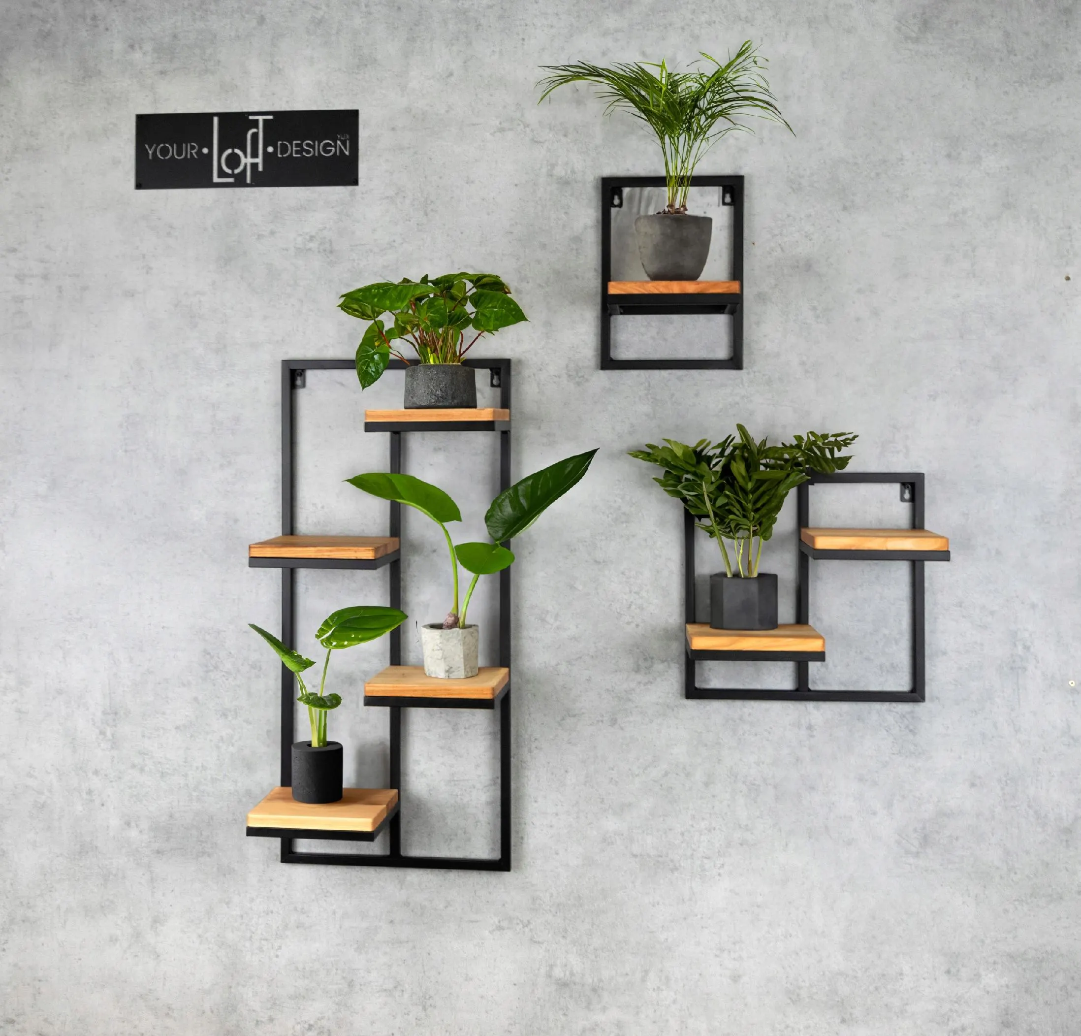 Kwietnik wiszący LENS M metal drewno czarny naturalny - LD_TZ000085