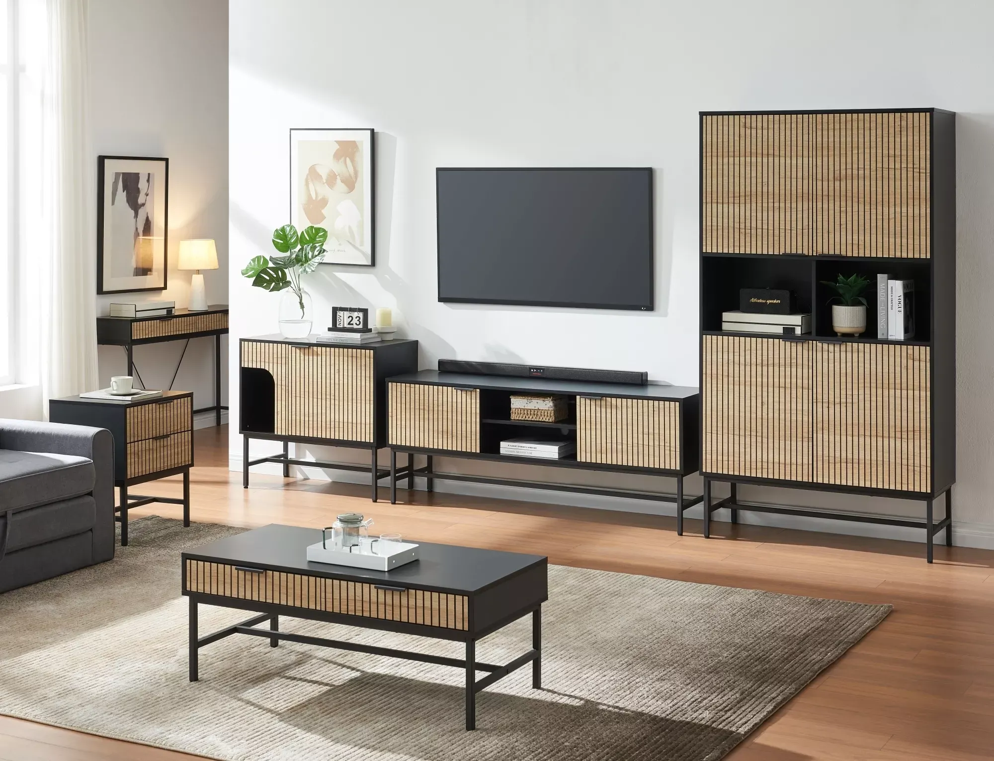 Stolik kawowy z szufladami MAGO L1 100x48 czarno-drewniany - MAGOL1