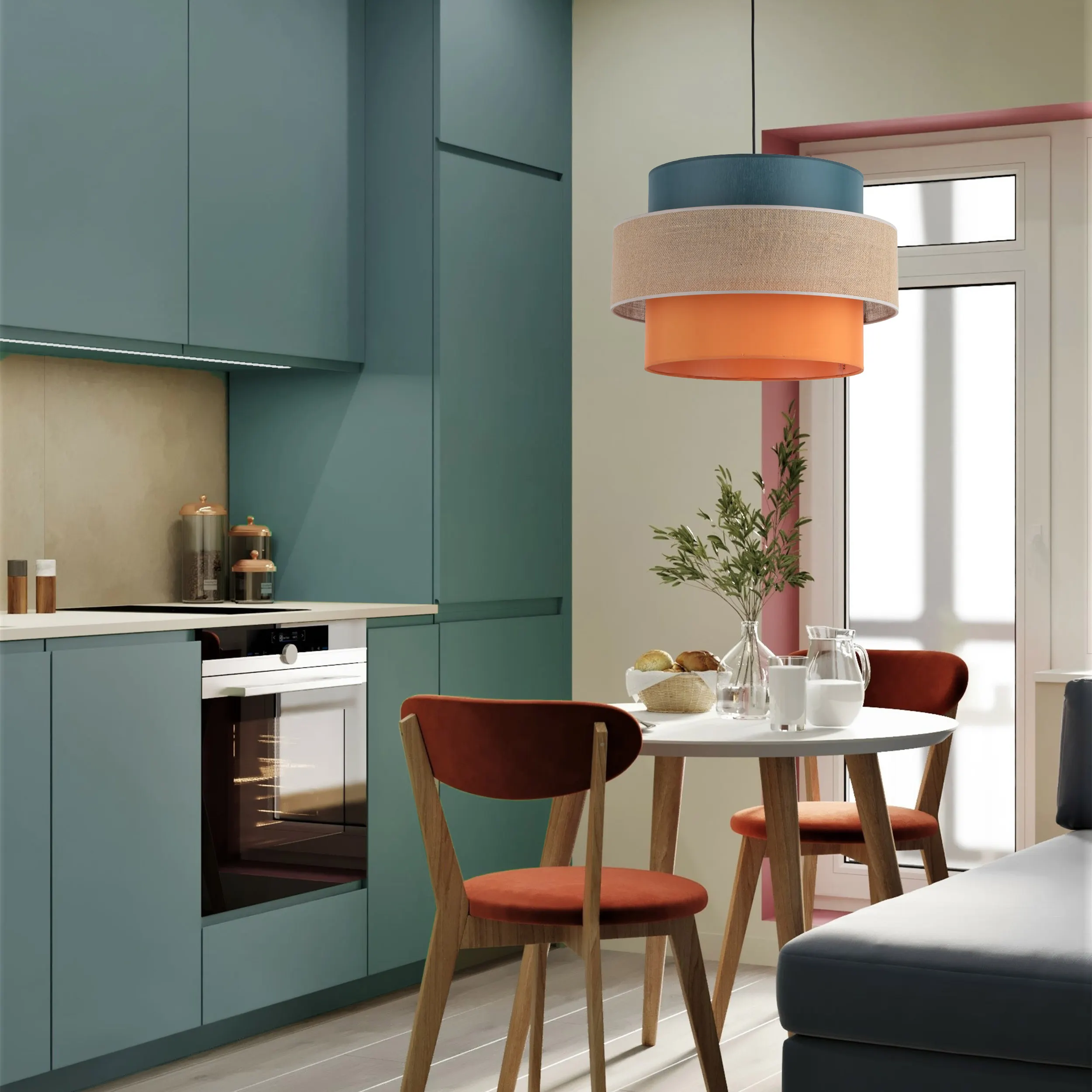 Lampa wisząca TRIO JUTA MIX czarna z trójkolorowym niebieskim pomarańczowym brązowym okrągłym abażurem 160x50cm - TK_2758