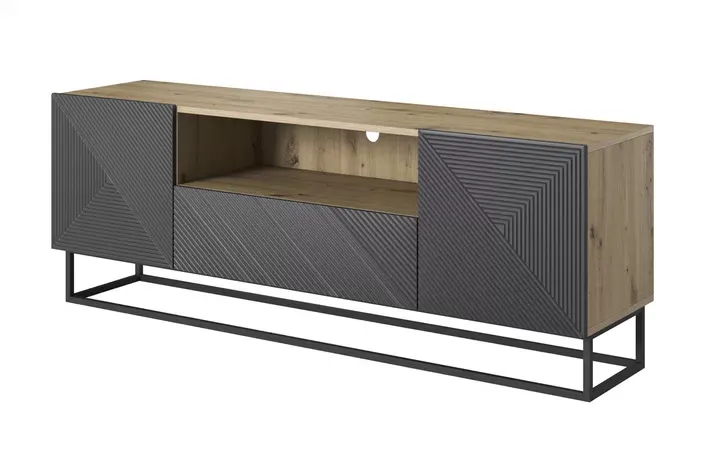Szafka RTV ASHA 167 - szara - dąb artisan - ryflowany front - czarny stelaż