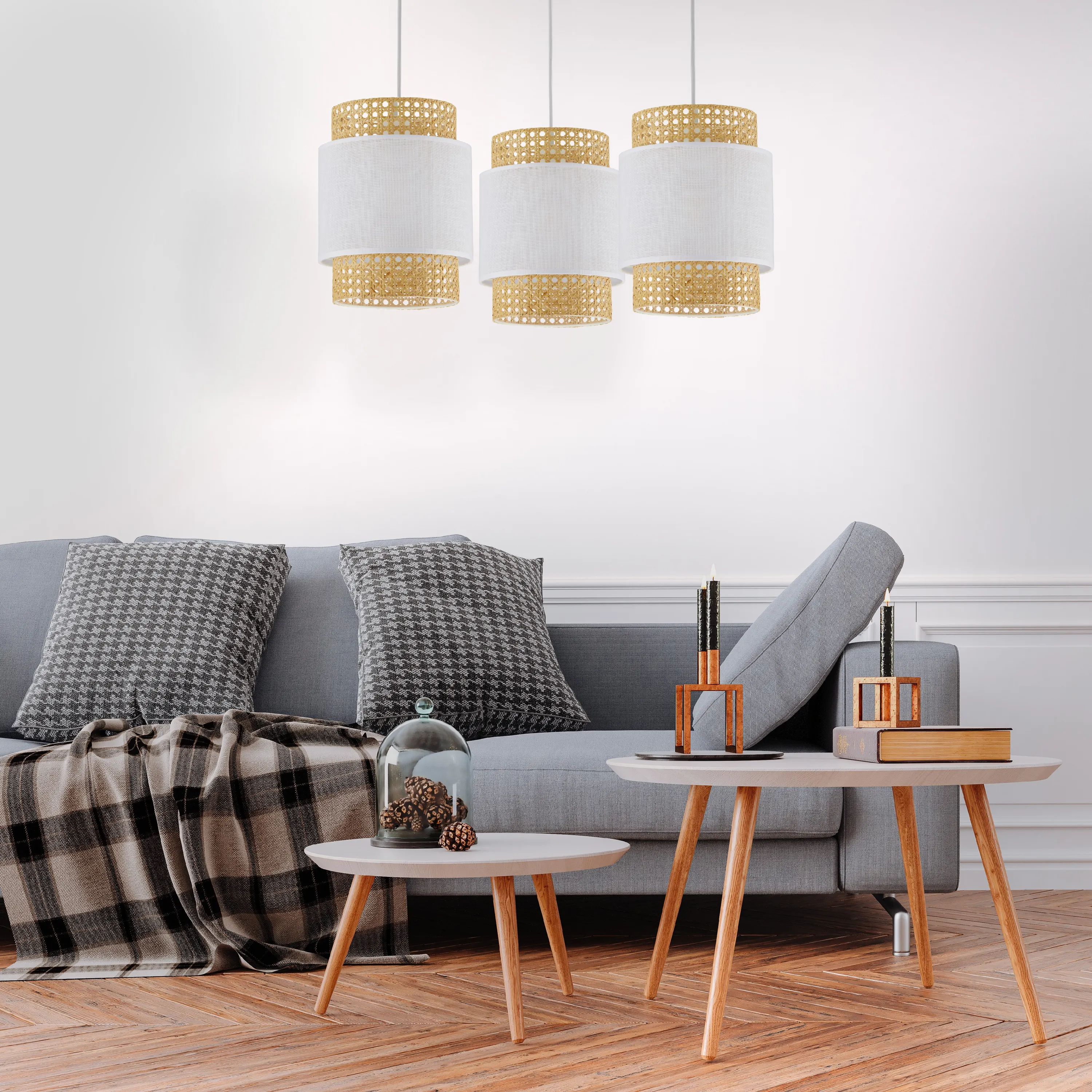 Lampa wisząca BOHO biała z brązowymi elementami z plecionki dodatkowo podwieszana 130x70cm - TK_6537