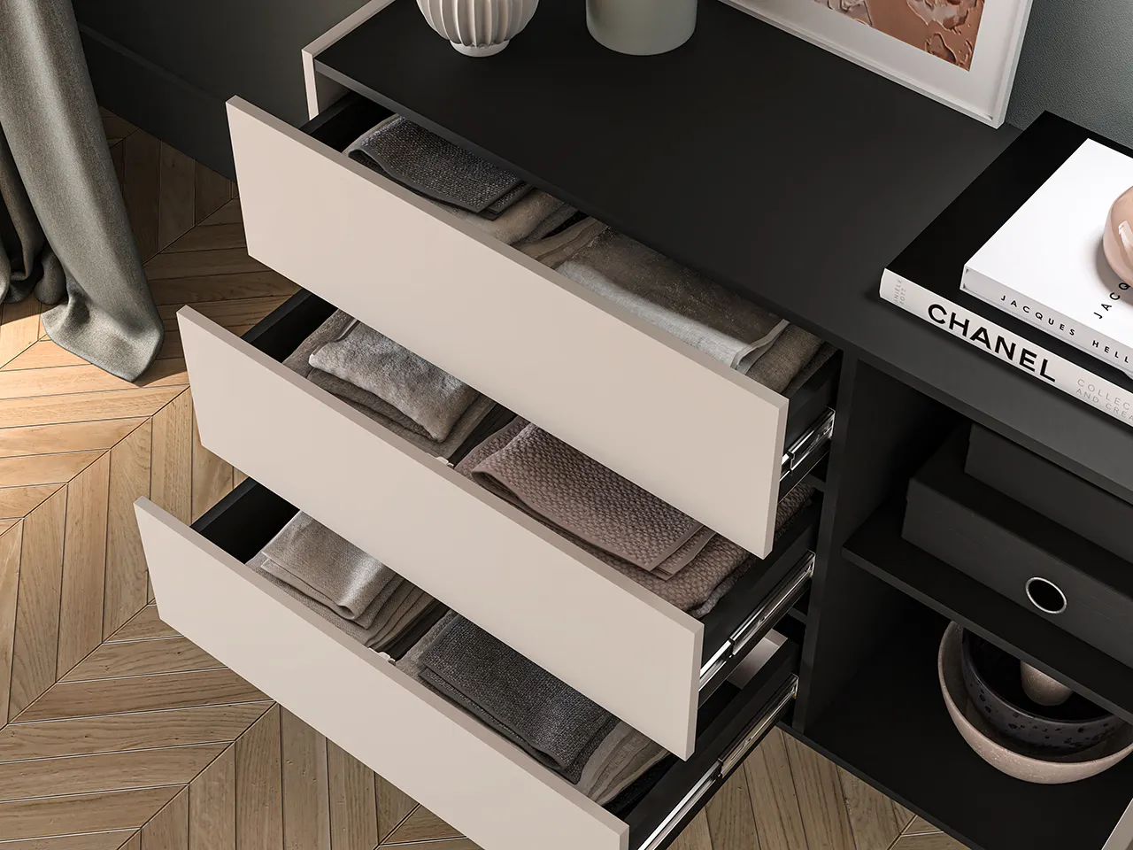 Komoda z półkami i szufladami FRESHION 120 cm beżowo-czarna - 1FRES04-001