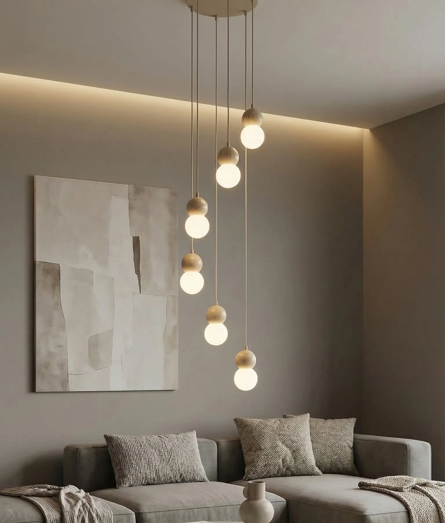 image lampa wisząca, kuliste żarówki, design wiszący, sofa tapicerowana, wnętrze nowoczesne