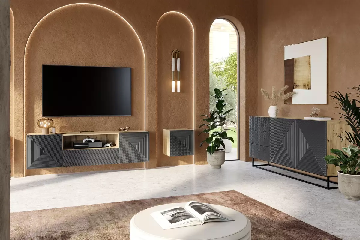 Szafka RTV ASHA 167 - szara - dąb artisan - ryflowany front - wisząca - B_50980