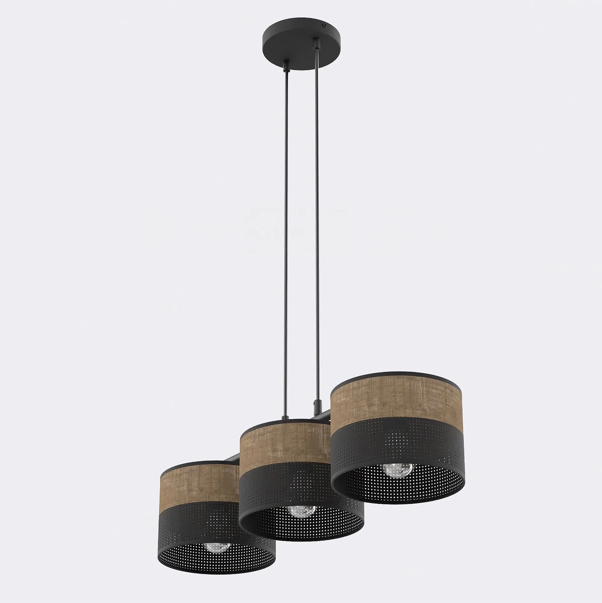 lampa wisząca, trzy abażury, czarna metalowa, kolor beżowy, konstrukcja sufitowa