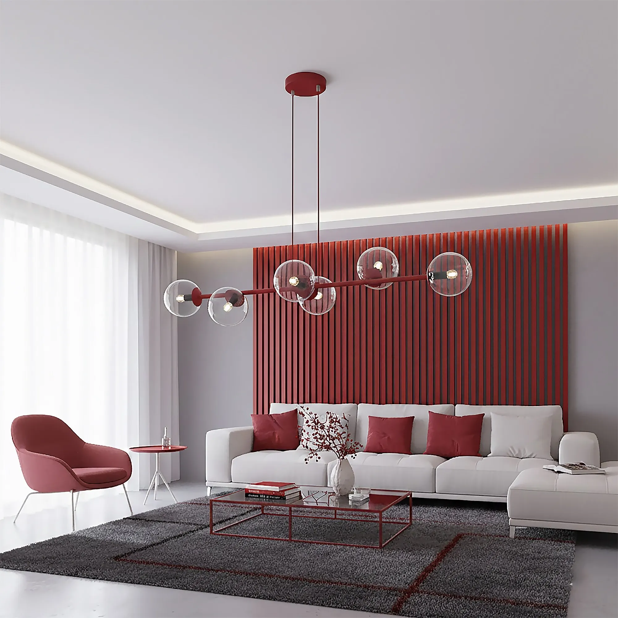 salon, sofa, czerwony, kinkiet, kolorowy