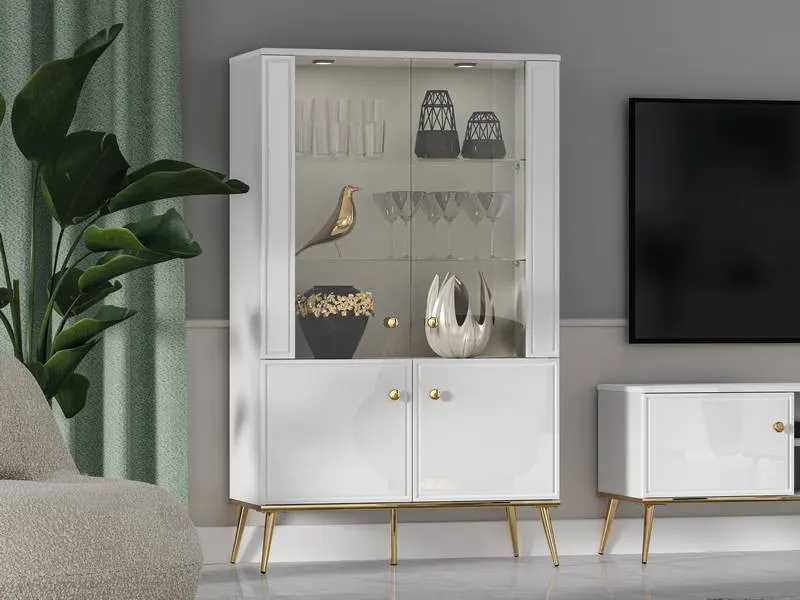 Witryna 2-drzwiowa GOLDIN 03 biały połysk na złotych nogach z oświetleniem - 1GOLD03-001