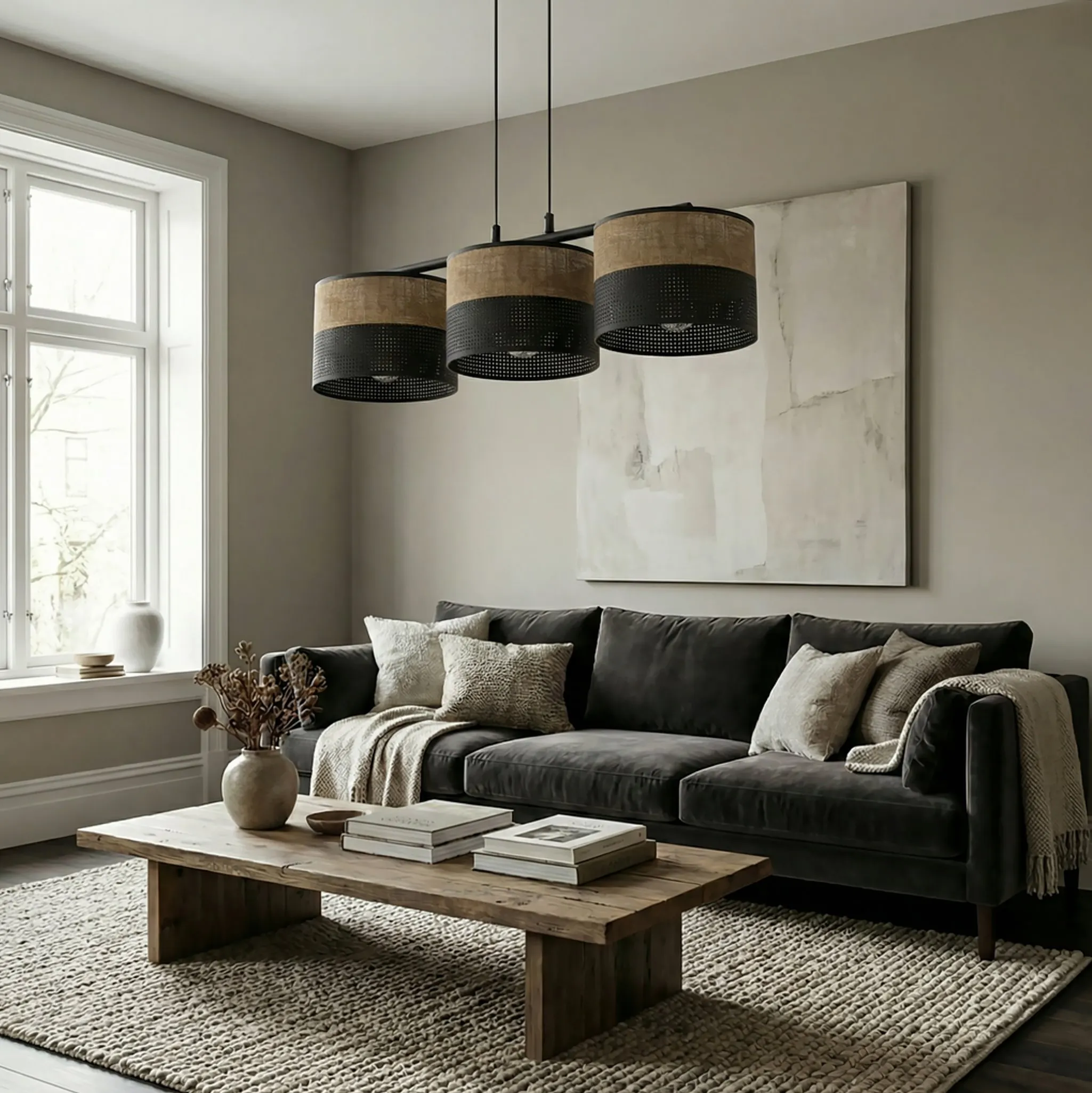 image salon, sofa, drewniany stolik, lampy sufitowe, szaro-beżowa kolorystyka