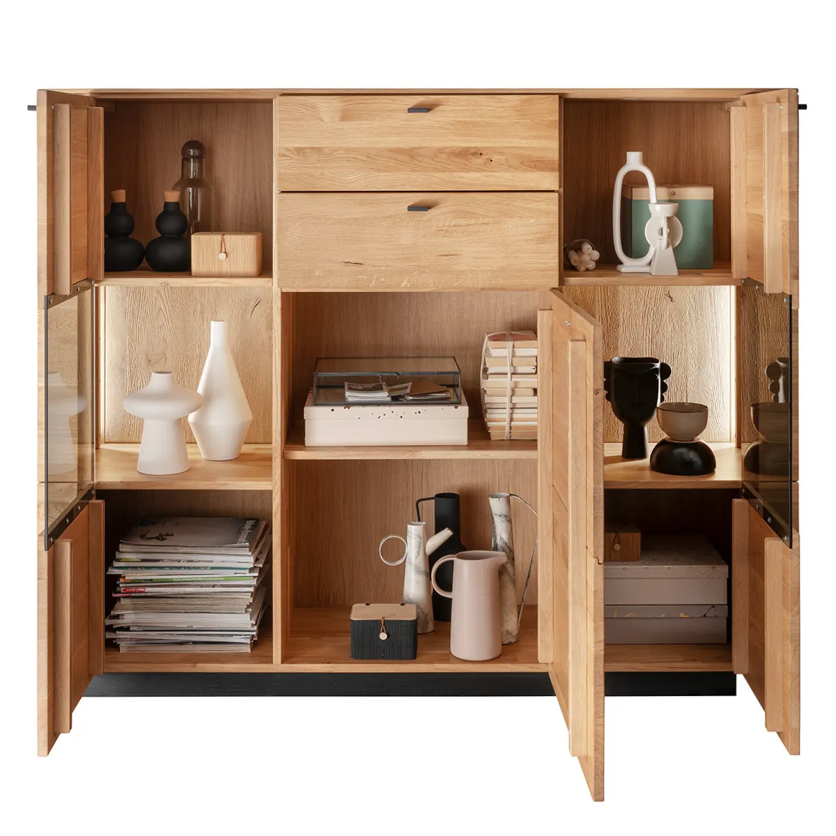 Kredens – komoda dębowa z witryną PRESENT 3-drzwiowa z 2 szufladami 158x127 i - GK_103623040202