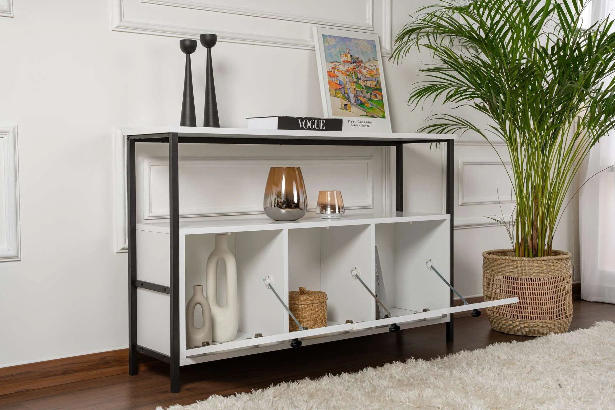 Konsola 3-drzwiowa SOLACE 120 cm biała czarny metalowy stelaż — zdjęcie 8