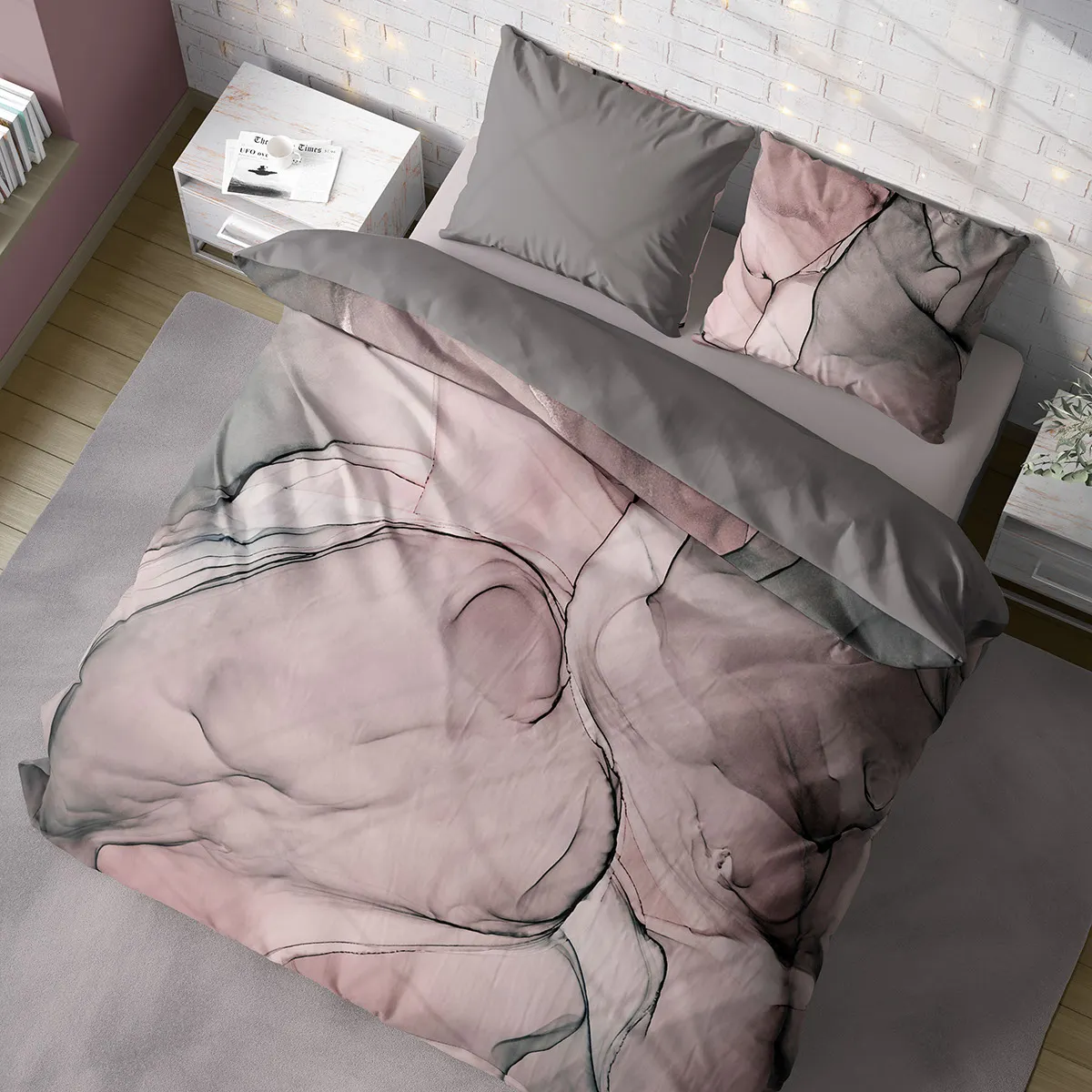 Pościel komplet MINERALS 002 satyna bawełniana 160X200+2X70X80 szary różowy - FARO_24602