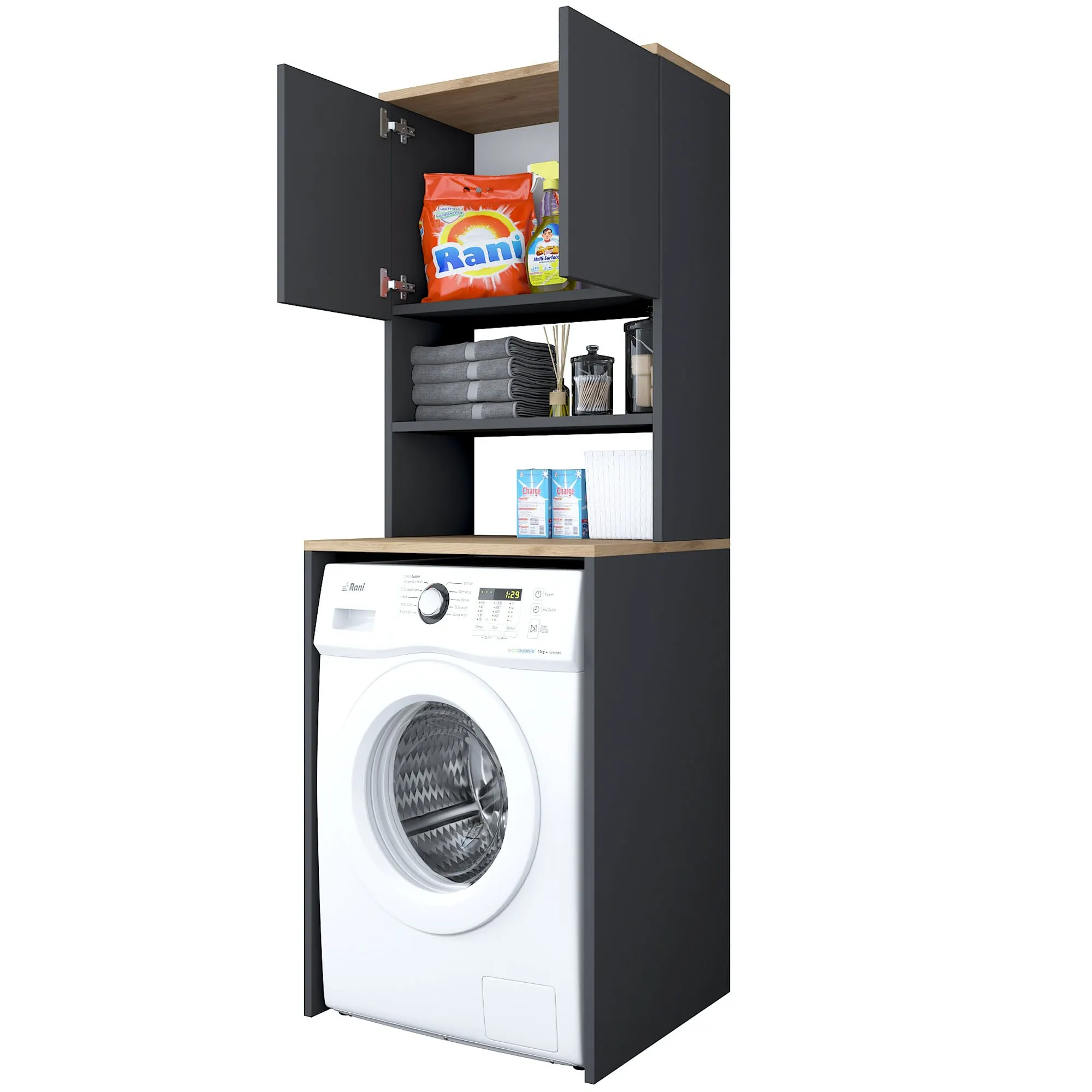 Zabudowa na pralkę z regałem KD101 szer.65 wys. 183,6 antracyt orzech - ASI_893RAN3347