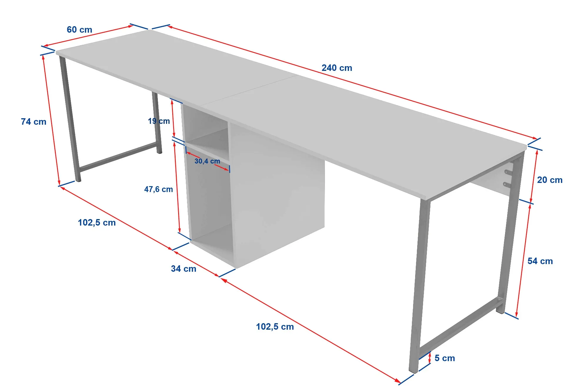 Biurko 2-osobowe z półkami TWIN 240x60 biały efekt marmuru/czarne nogi — zdjęcie 9