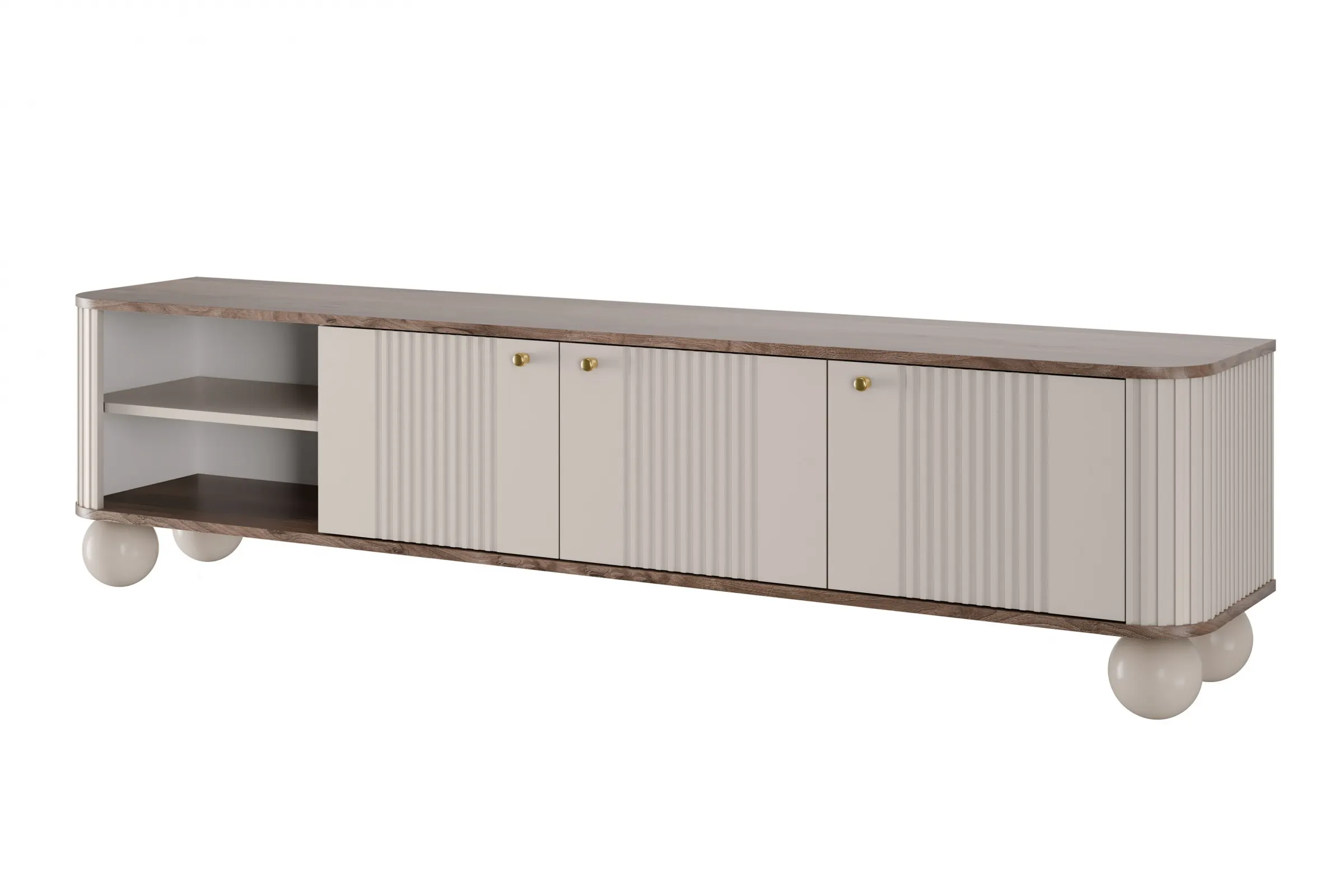 Szafka RTV 3-drzwiowa VESPER RTV 187 ryflowany front cashmere orzech złote uchwyty nogi kule Meble, Kredens, Szafka, Wanna z hydromasażem, Wanna