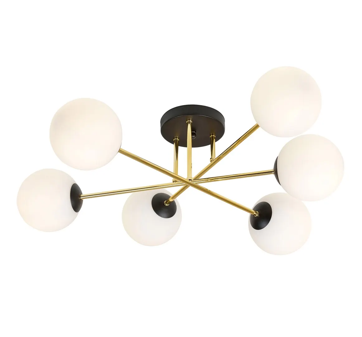 lampa sufitowa, kula czarna złota, oświetlenie gałęziowe, globus biały, metalowy żyrandol