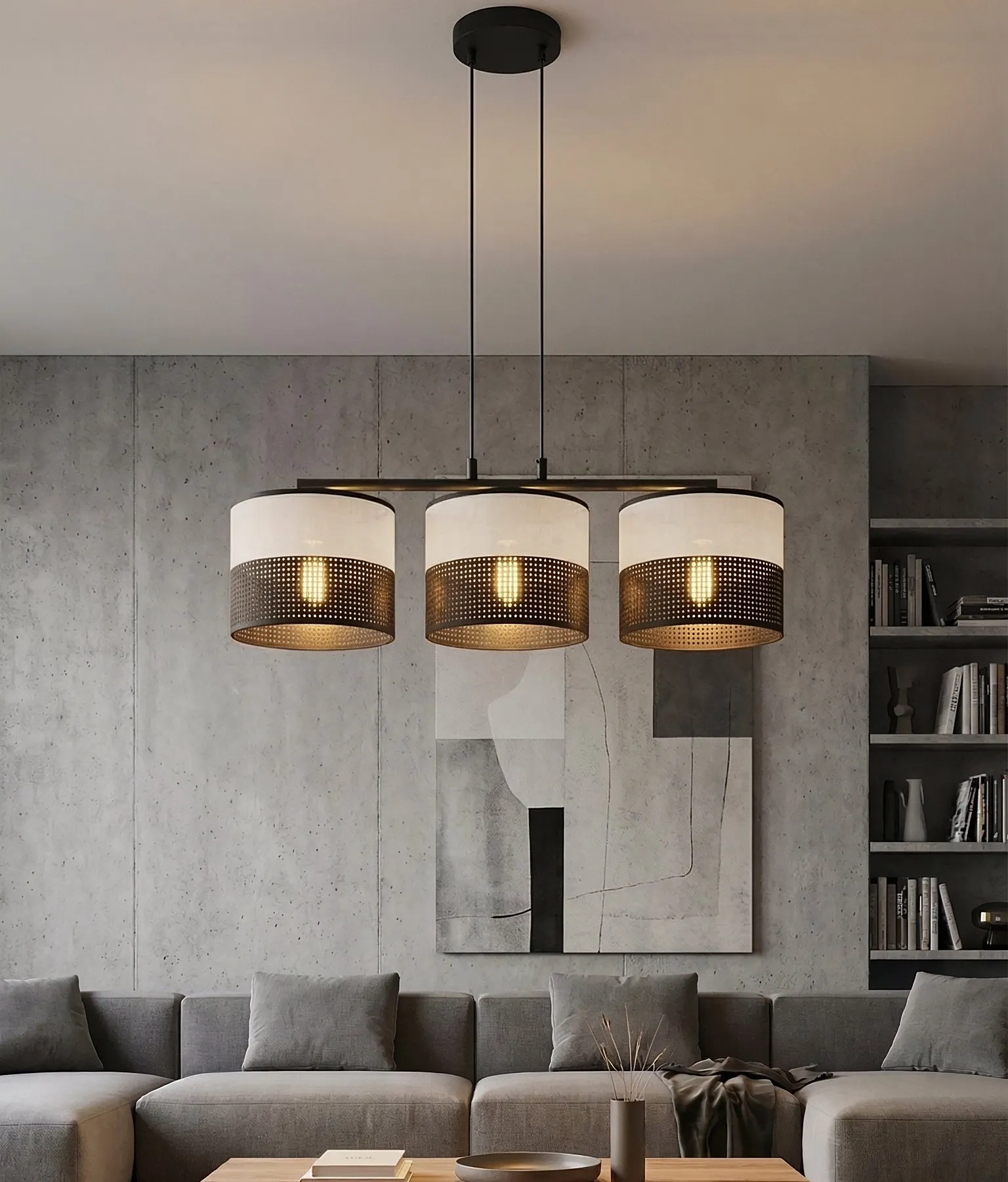 lampa wisząca, trzy-podwójna oprawa, szaro-czarna, kuleczki perforowane, sofa modułowa