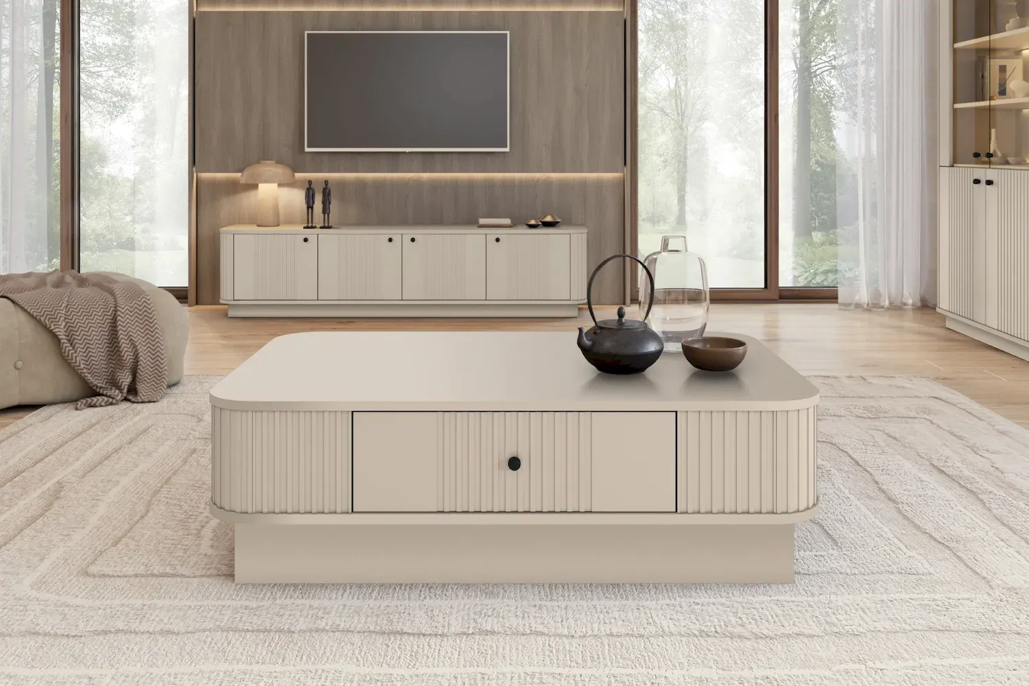 Stolik kawowy z szufladą VESPER ryflowany front - cashmere czarny uchwyt cokół - B_169460