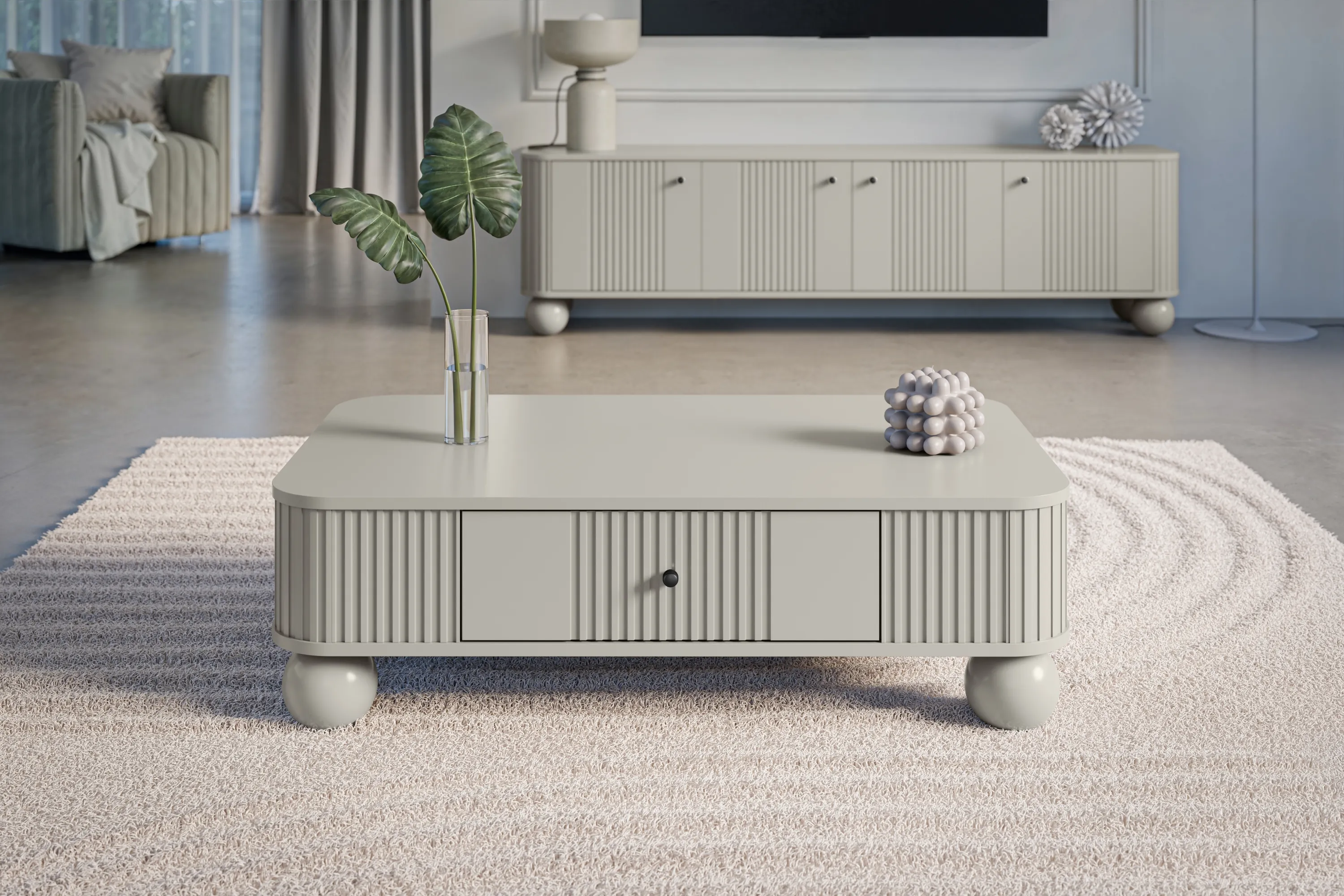 Stolik kawowy z szufladą VESPER 103 ryflowany front cashmere czarne uchwyty nogi kule - B_163806