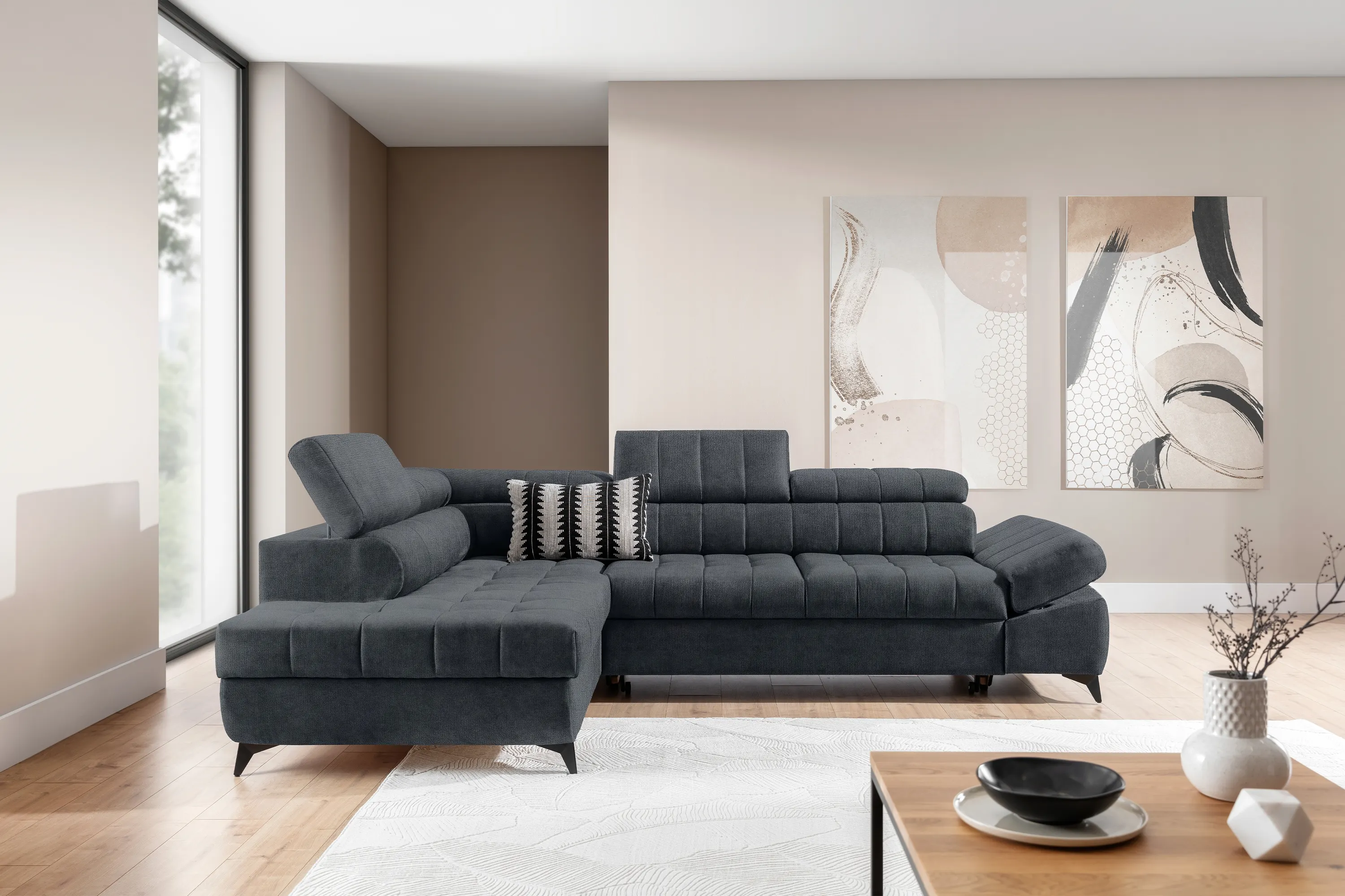 Narożnik lewostronny VALORIS L regulowane zagłówki i podłokietniki tkanina Perfect Harmony 90 grafitowy - B_162929