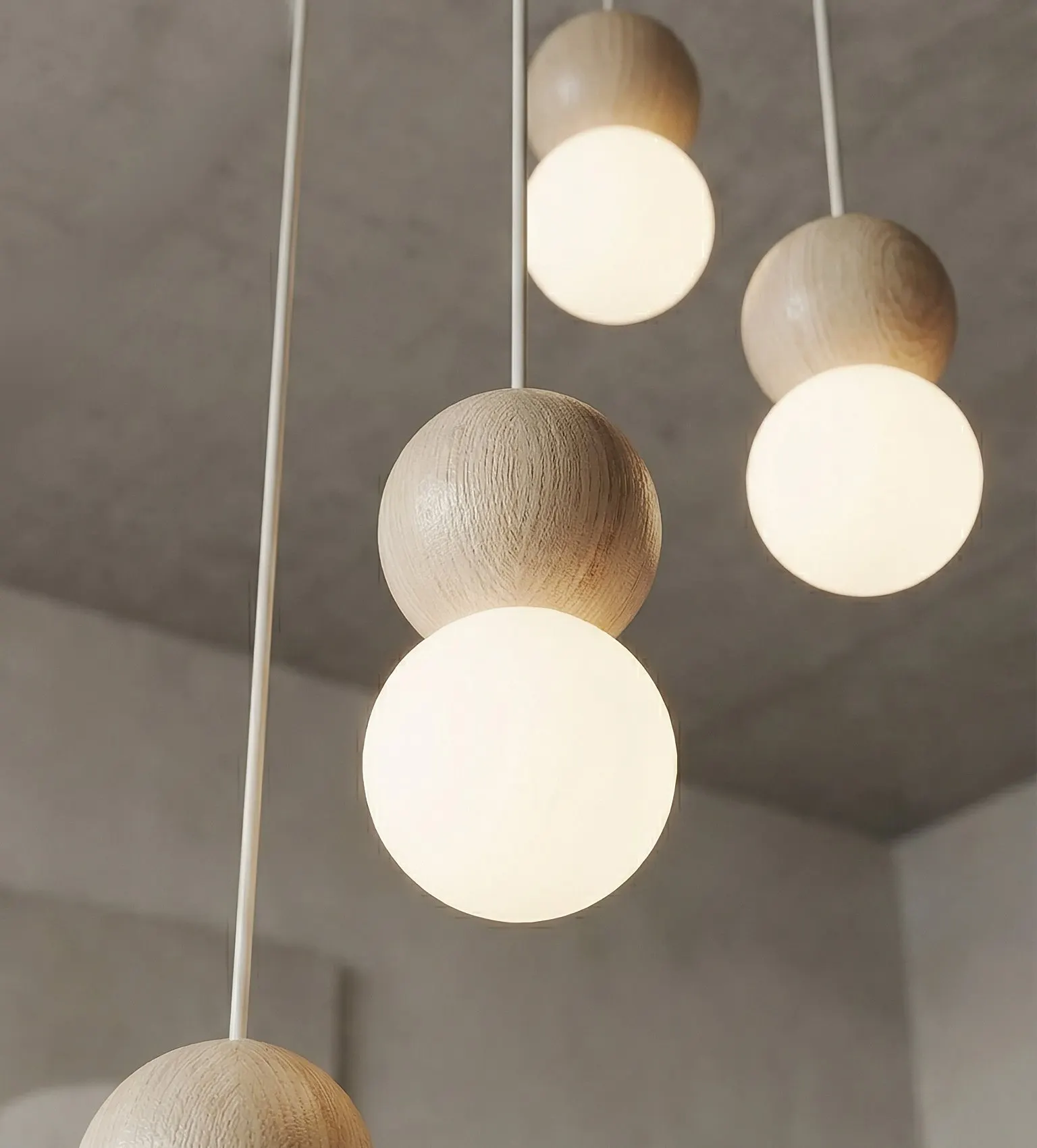 image lampa wisząca, kule drewniane, kule LED?, lampy LED, oswietlenie
