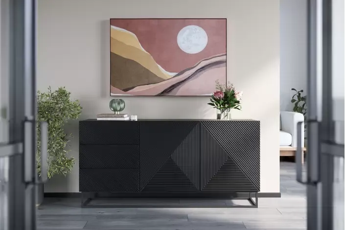 Komoda 2-drzwiowa z 3 szufladami ASHA 167 z szufladami - czarny mat - stelaż - ryflowany front - B_57061