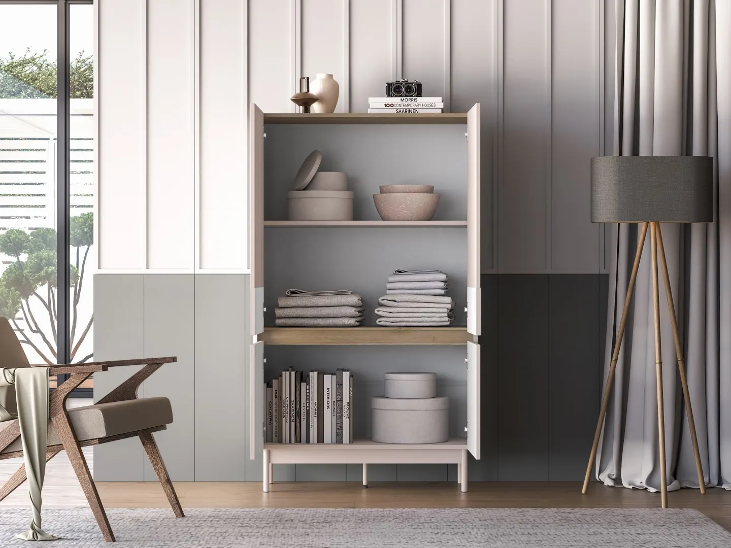 Komoda wysoka 4-drzwiowa DUNEA 156x92 ryflowana kaszmir - dąb cremona - 1DUNE04-001