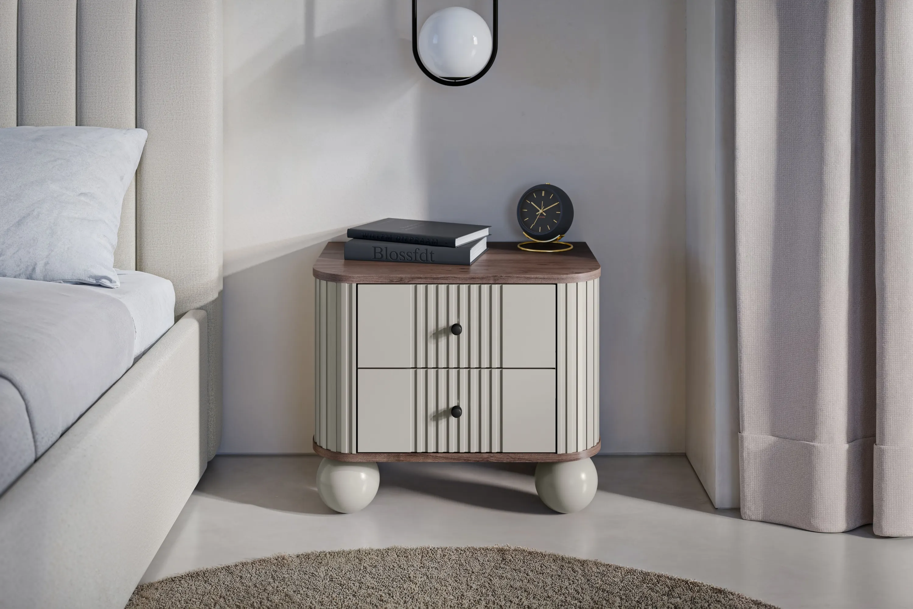 Szafka nocna z 2 szufladami VESPER 56 zestaw 2 sztuk ryflowany front cashmere orzech czarne uchwyty nogi kule - B_163839