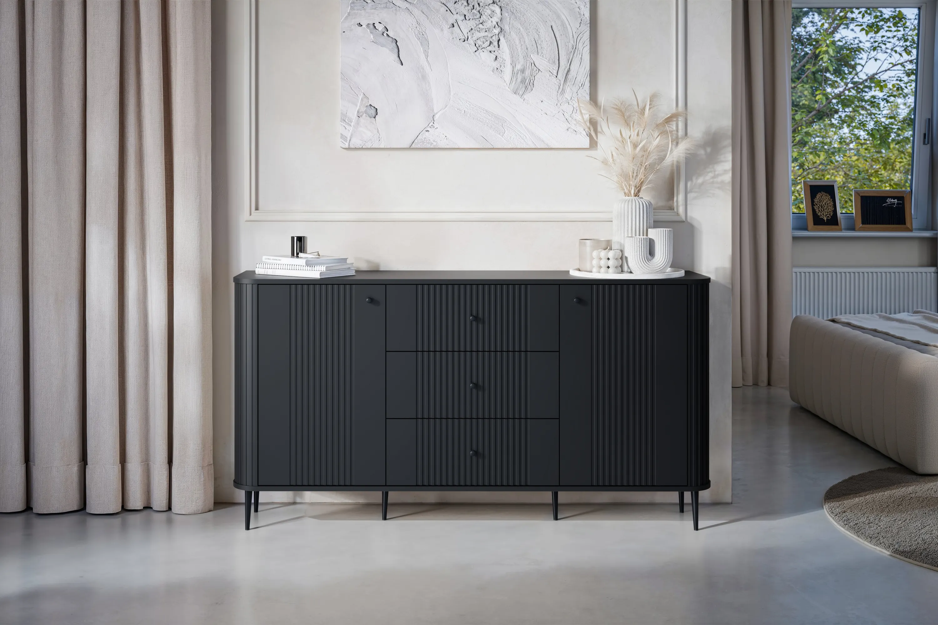 Komoda 2-drzwiowa z 3 szufladami VESPER 160 ryflowany front czarna czarne nogi - B_163613