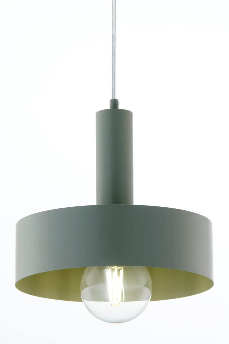 lampa wisząca, pendant light, metalowa konstrukcja, zielono-szara, żarówka