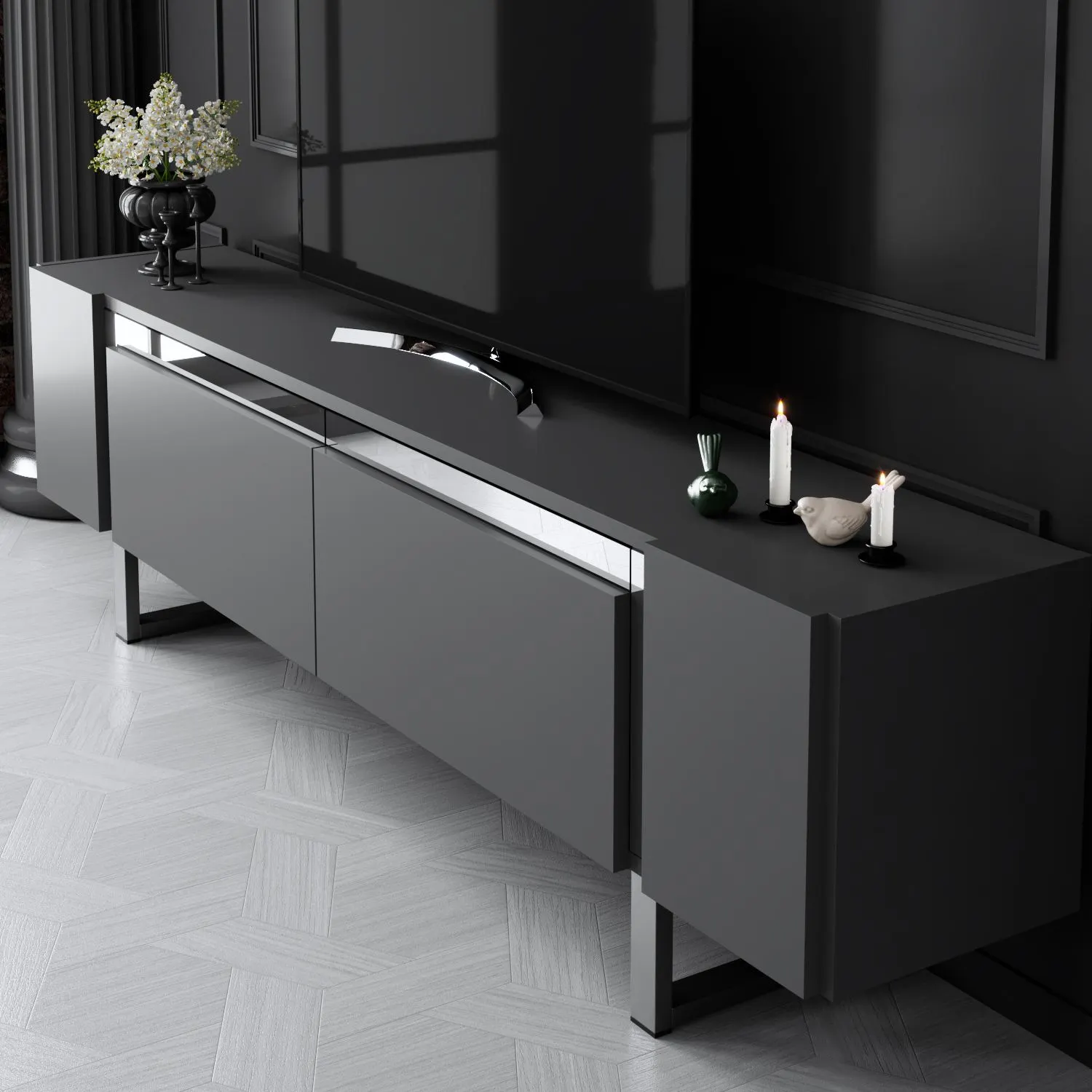 Szafka RTV z 2 klapami YILDIZ 180x30x50 cm antracyt srebrny - ASI_618BLY1272