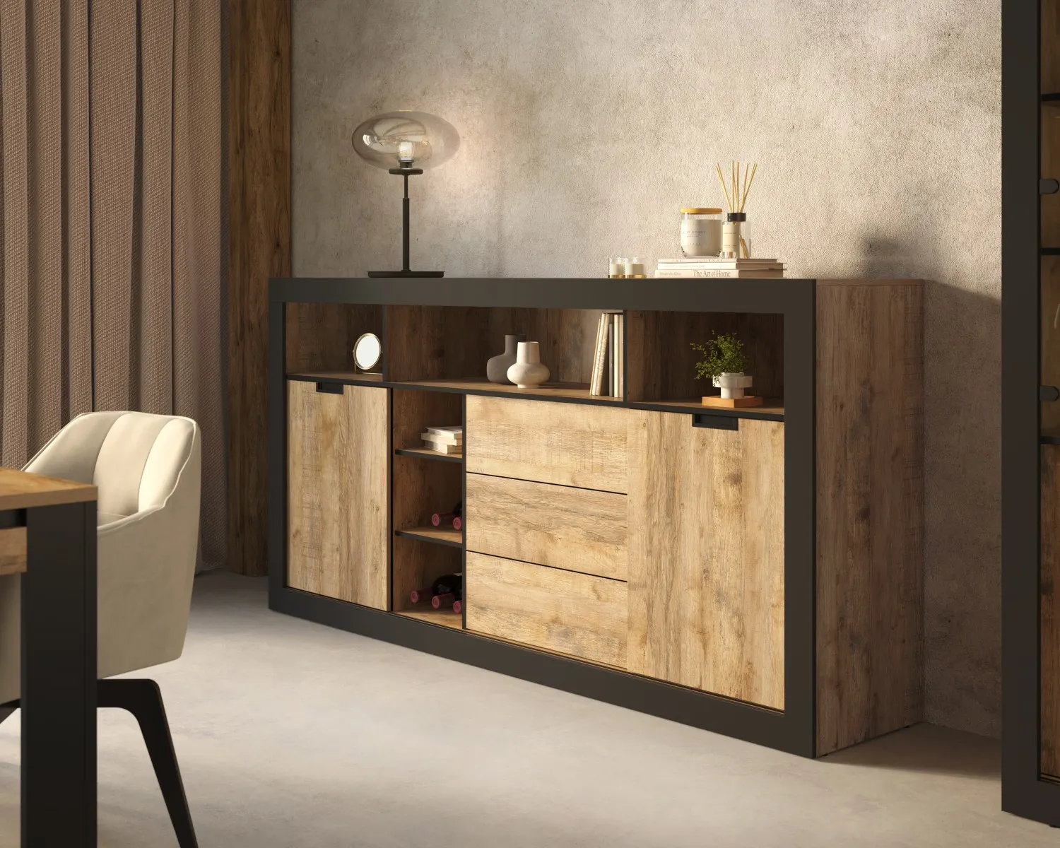 Komoda wysoka 2-drzwiowa z 3 ukrytymi szufladami TUDOR - dąb samdal, czarny - 24WSNZ43