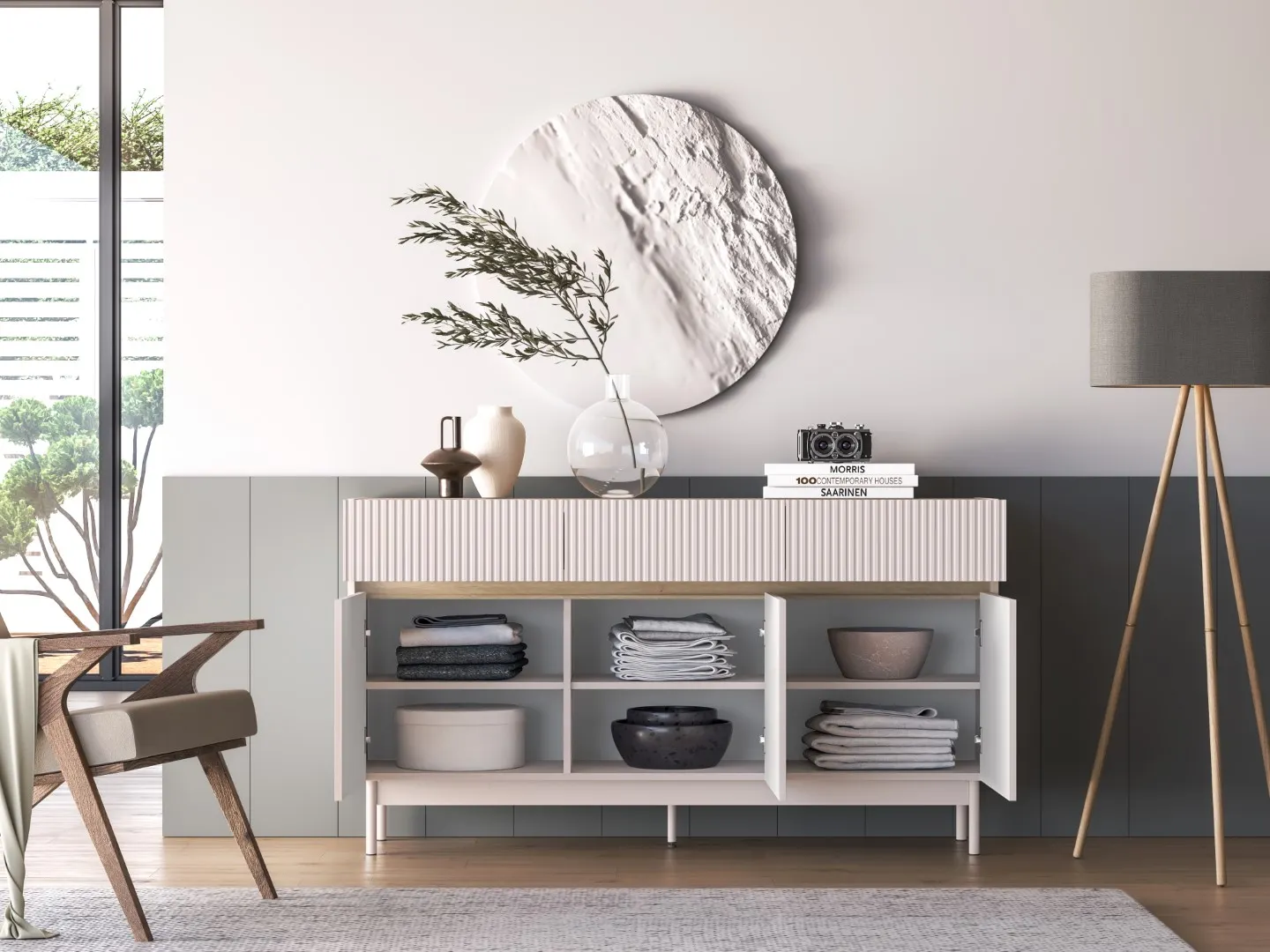 Komoda 3-drzwiowa z szufladami DUNEA 154x85 ryflowana kaszmir - dąb cremona - 1DUNE05-001