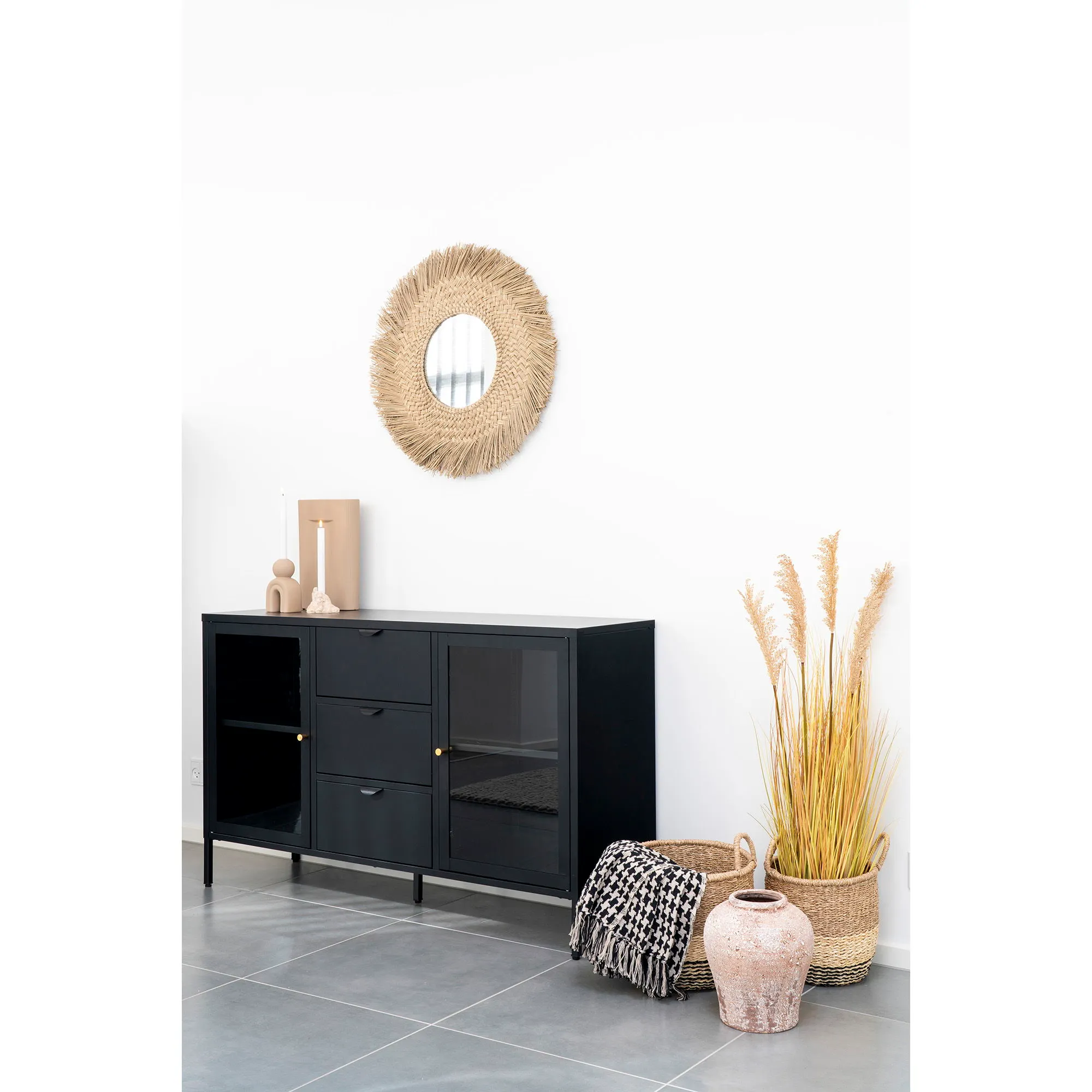 Koc z frędzlami w kratę SIDE 130x180 cm recykling beżowy czarny - 3960915