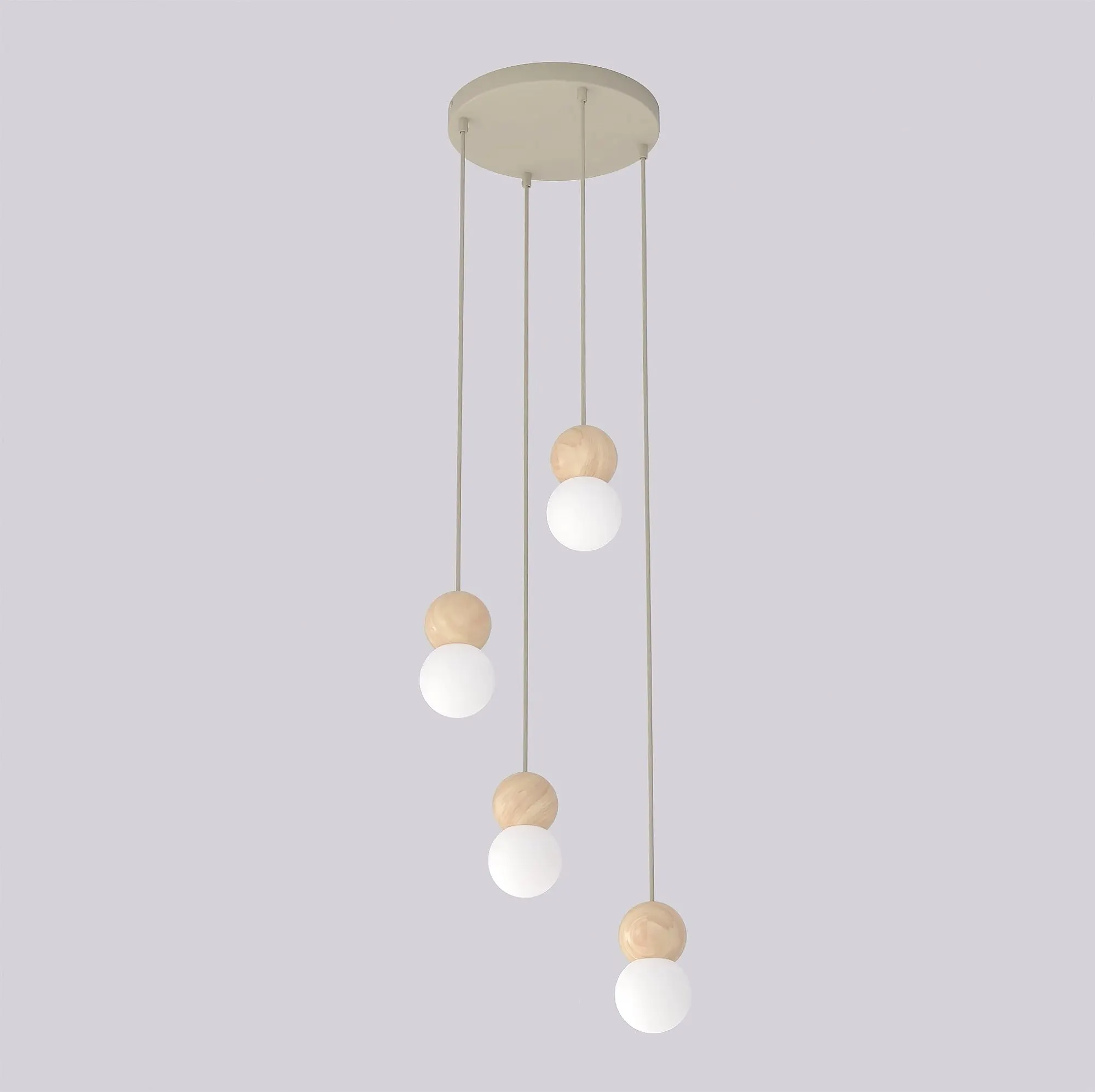 image lampa wisząca, pendant lamp, kule drewniane, kolor neutralny, zasilanie przewodowe