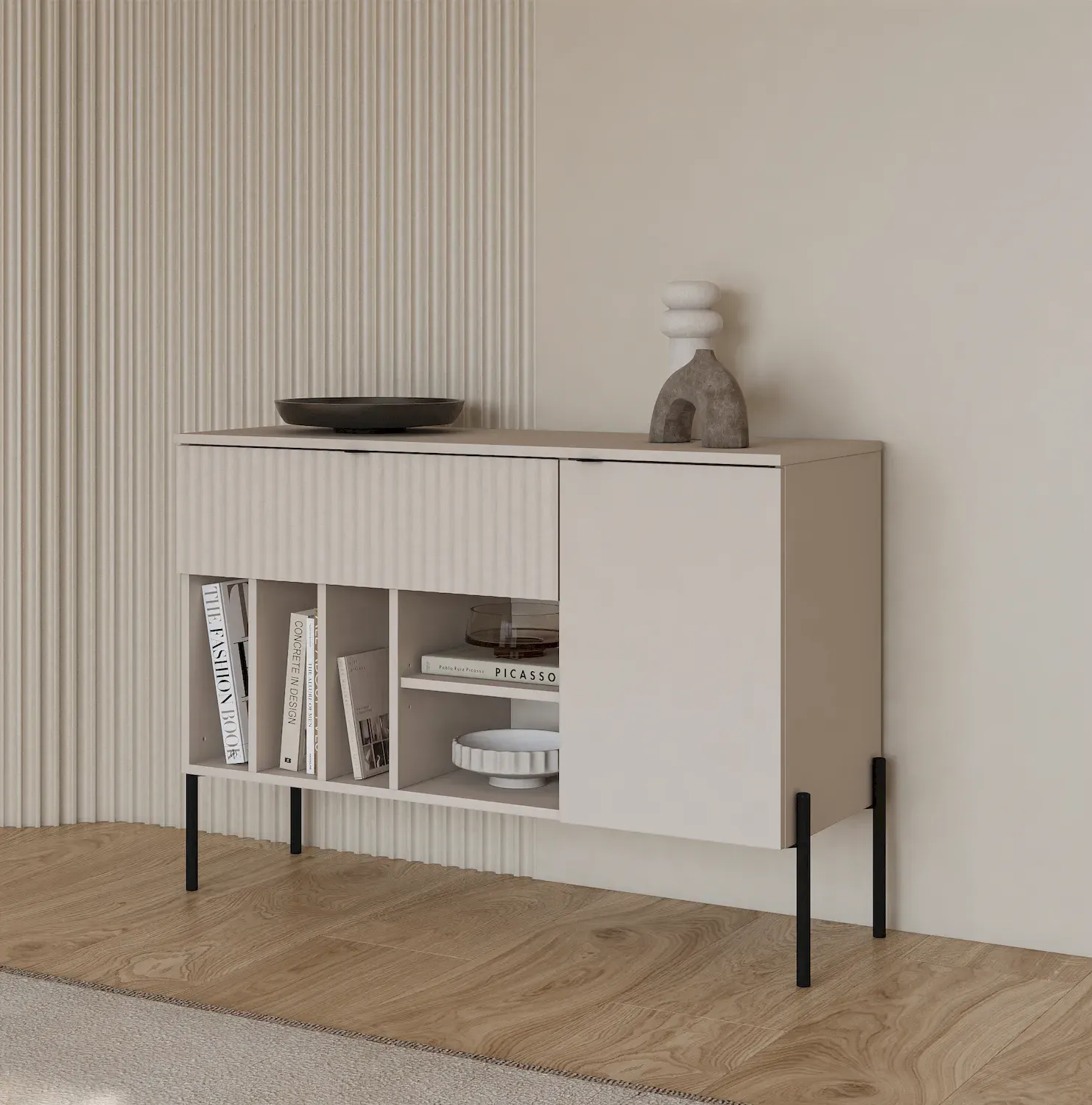 Komoda z szafką i szufladą ORE 105 cm kaszmir ryflowany front czarne nóżki - 24KROG45