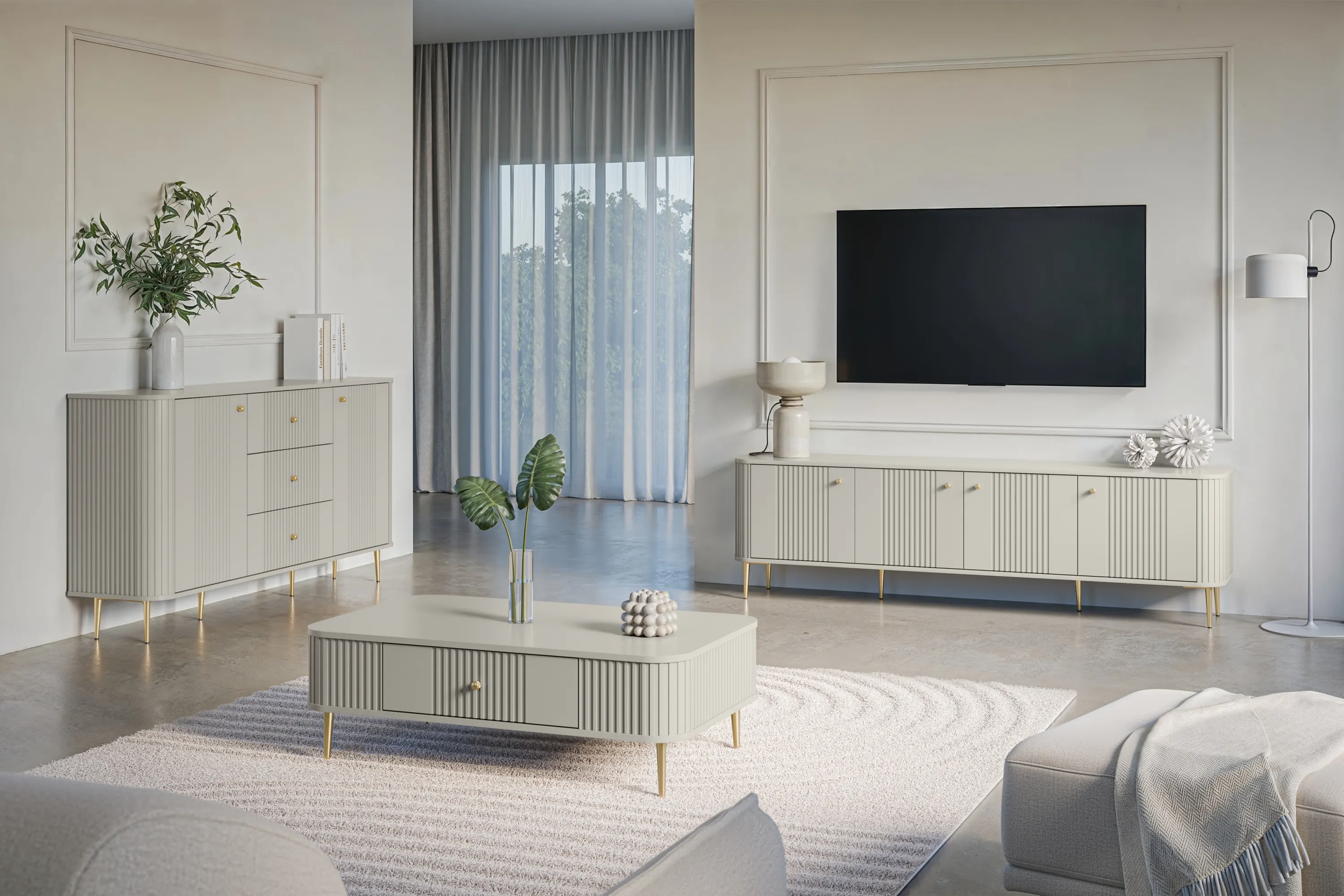 Szafka RTV 4-drzwiowa VESPER RTV 187 ryflowany front cashmere złote nogi - B_163714