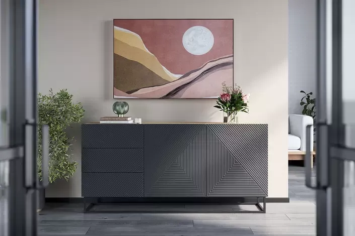 Komoda 2-drzwiowa z 3 szufladami ASHA 167 z szufladami - szara - dąb artisan z czarnym stelażem - ryflowany front - B_57066