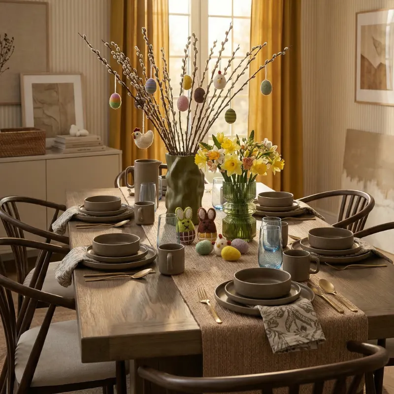 stół drewniany, zastawa stołowa, doniczka z kwiatami, wypukłe gałęzie, wielkanocne ozdoby