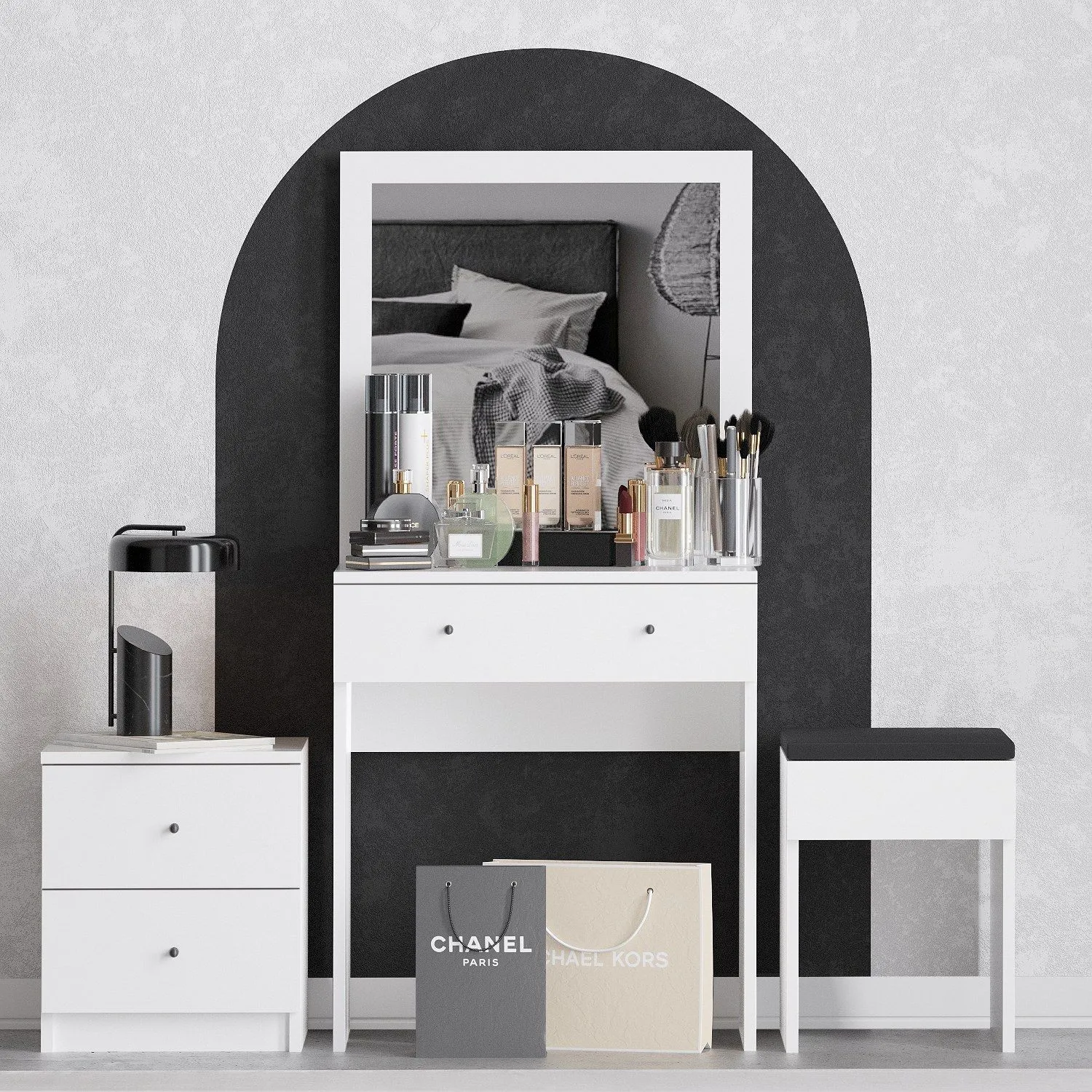 Zestaw mebli NICE toaletka z lustrem stołek i szafka kolor biały - ASI_746JUG4301