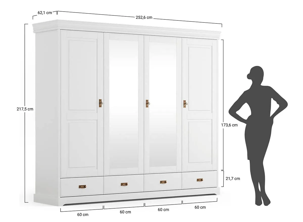 Szafa 4-drzwiowa z lustrem sosnowa Toskania Kolor: biały, bejca - PL2018BS