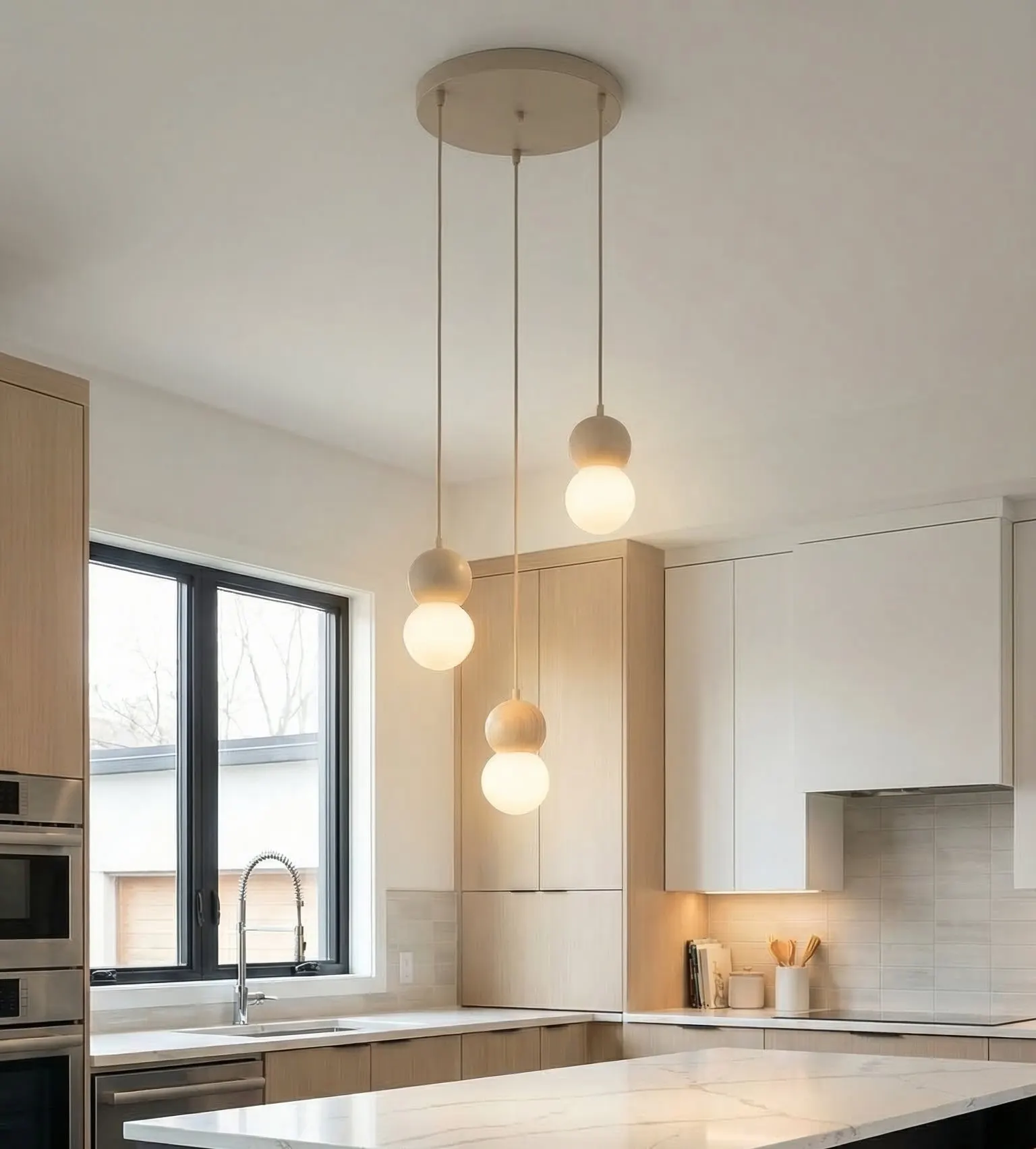 lampa wisząca, kinkietowy żyrandol, balonowe żarówki, kuchnia nowoczesna, płyta ceramiczna