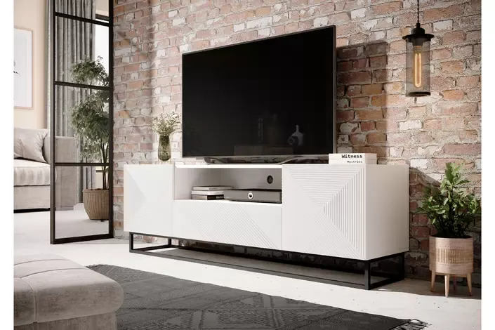 Szafka RTV ASHA 167 - biały mat - ryflowany front - czarny stelaż - B_52530