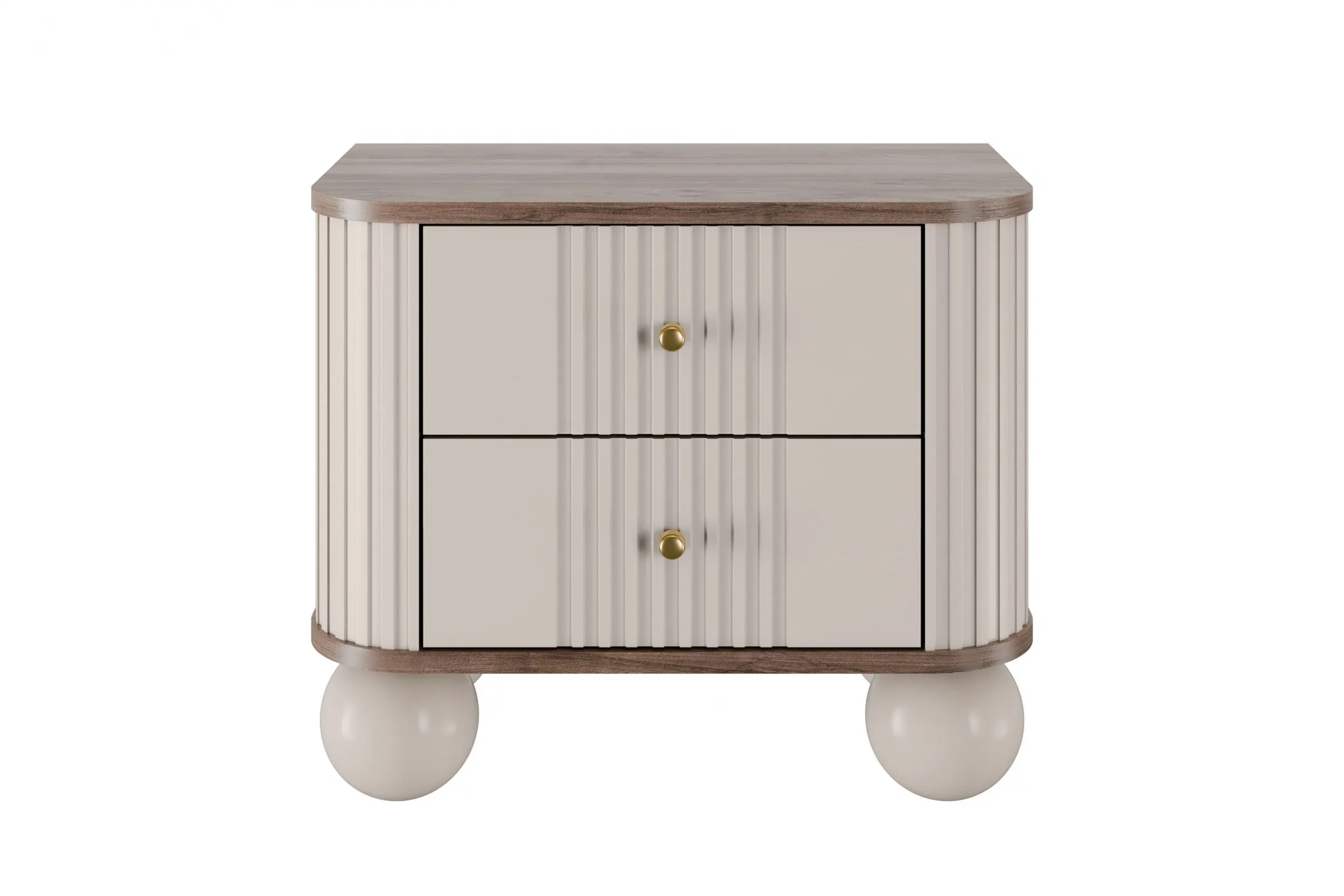 Szafka nocna z 2 szufladami VESPER 56 zestaw 2 sztuk ryflowany front cashmere orzech złote uchwyty nogi kule - B_163838