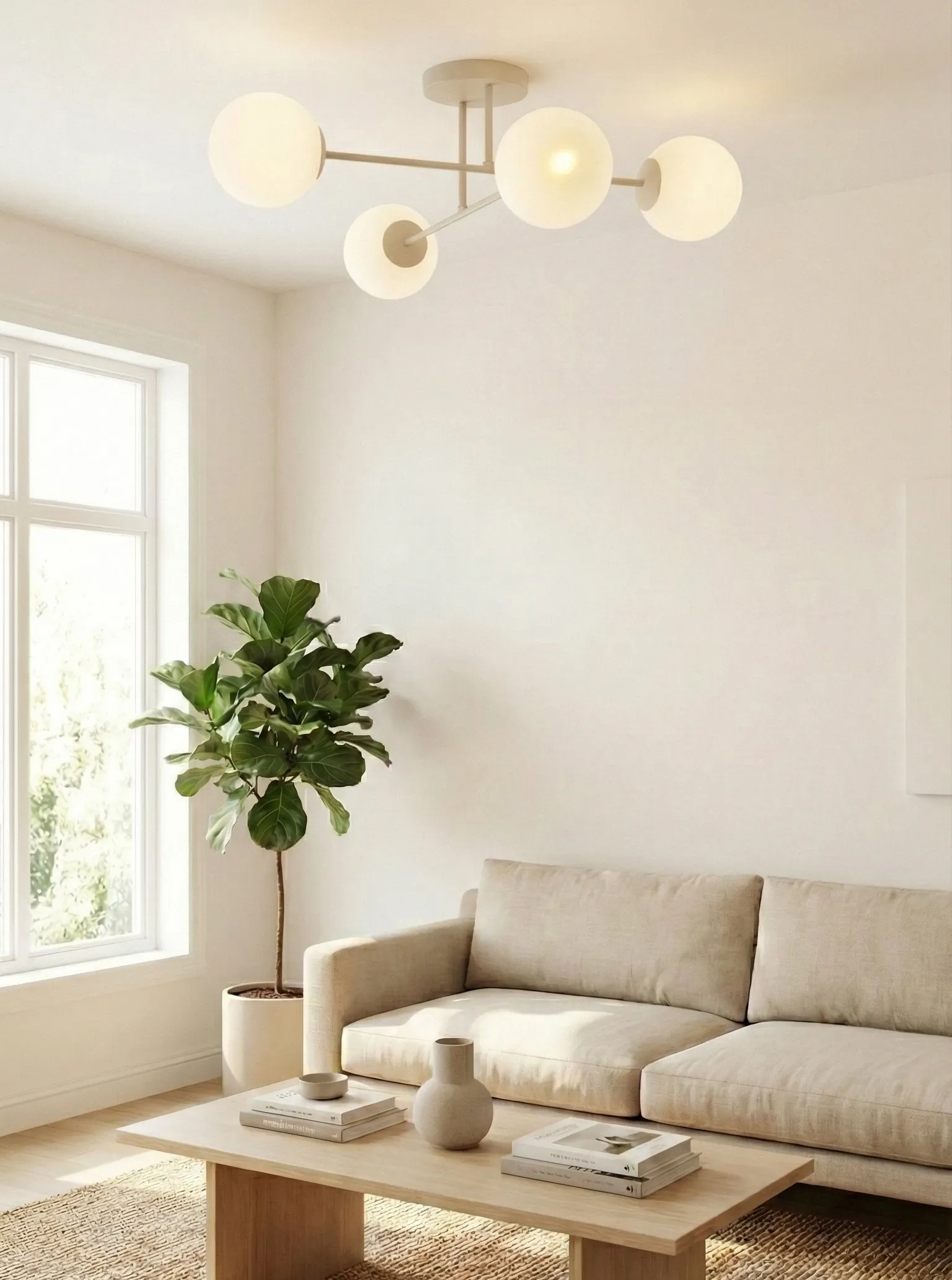 image sofa, pokój dzienny, lampa sufitowa, roślina, wnętrze